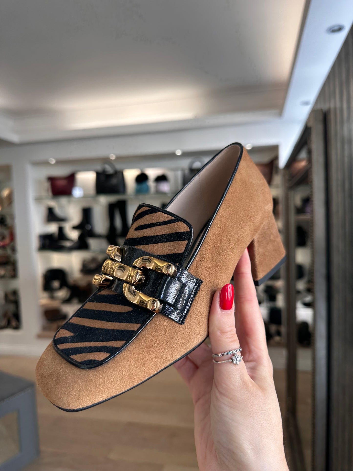 Marian - Tan Suede Block Heel Shoe With Zebra Print Trim
