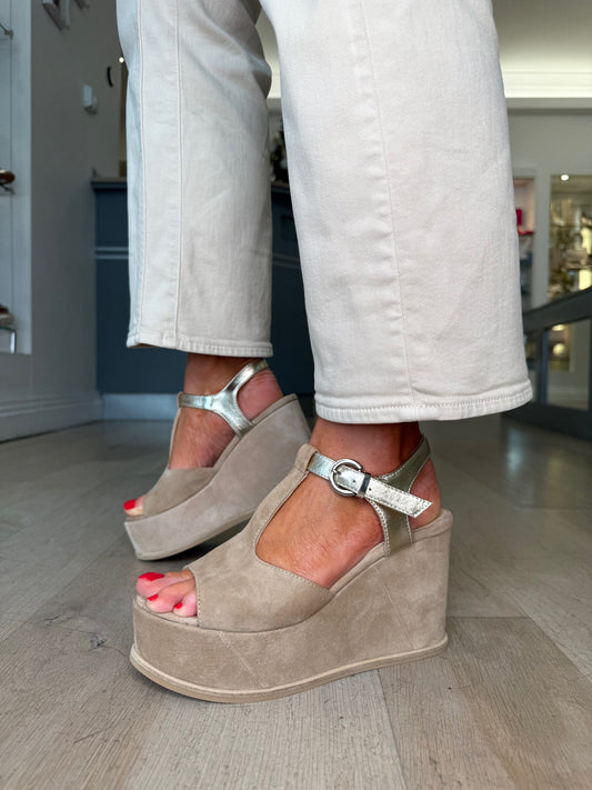 Marco Moreo -Allegra Rich Beige Suede T-Bar Wedge Sandal With Metallic Gold Trim