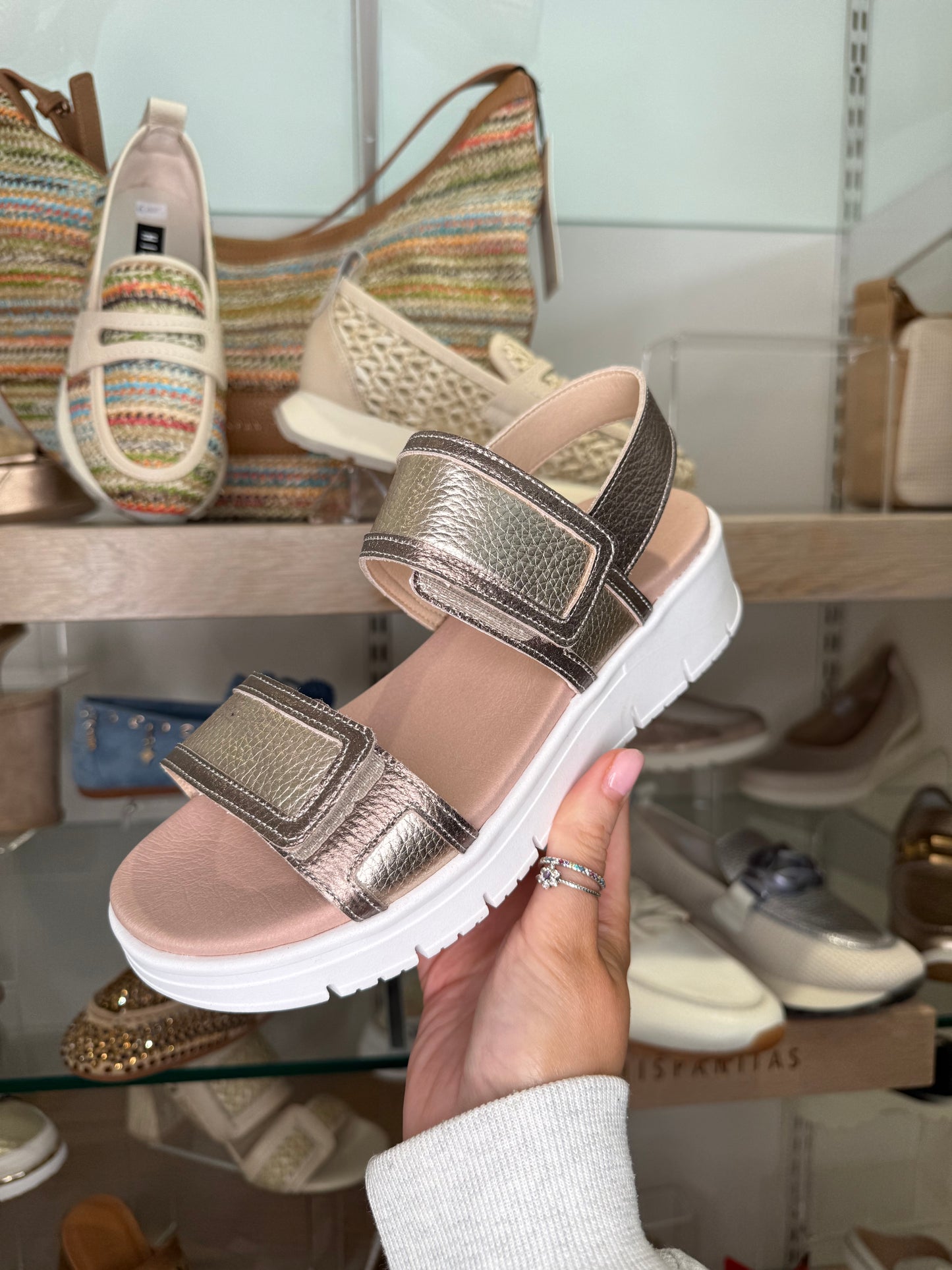 Jose Saenz - Soft Bronze/ Metallic Gold 2 Strap Velcro Sandal