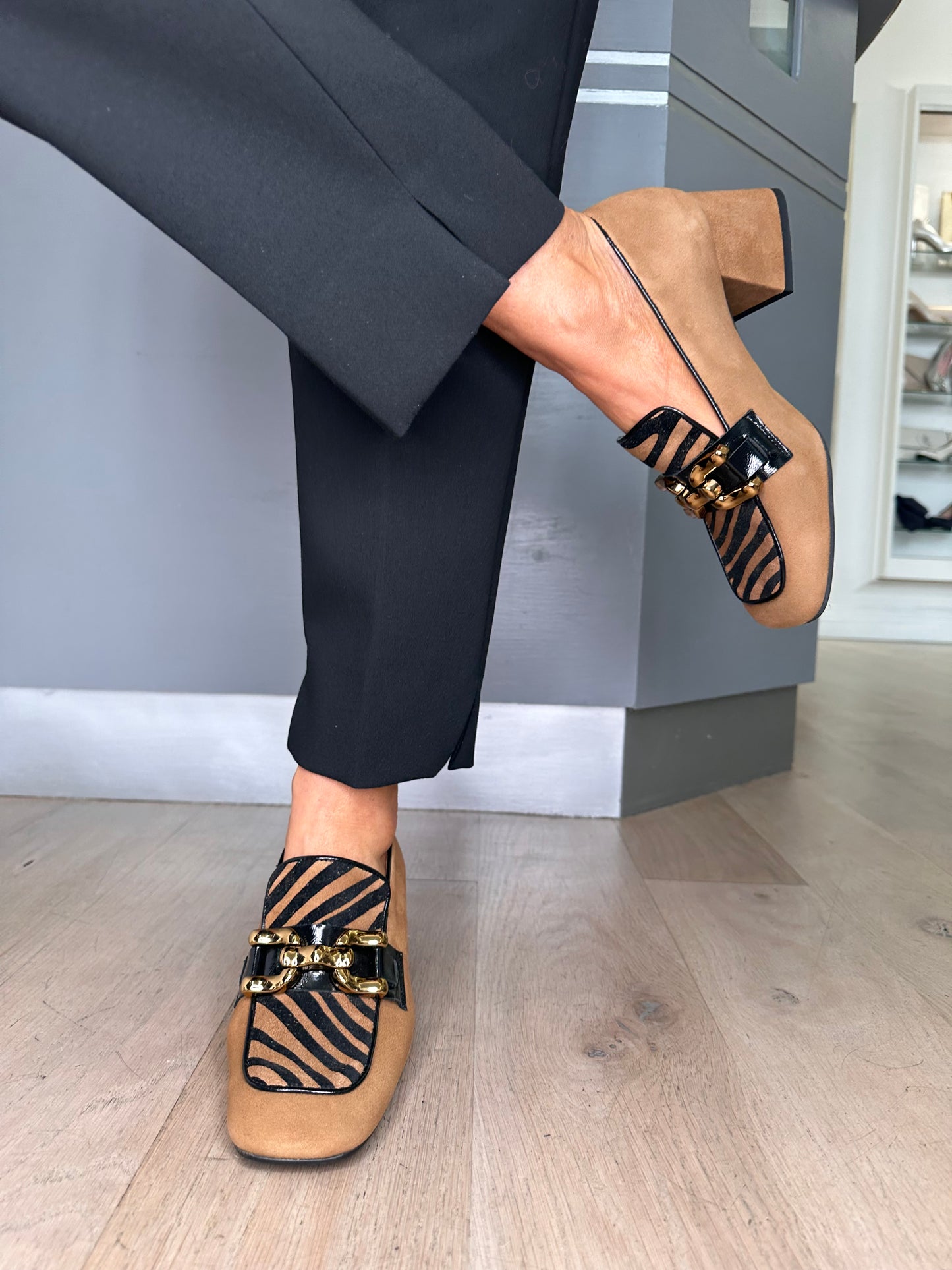 Marian - Tan Suede Block Heel Shoe With Zebra Print Trim
