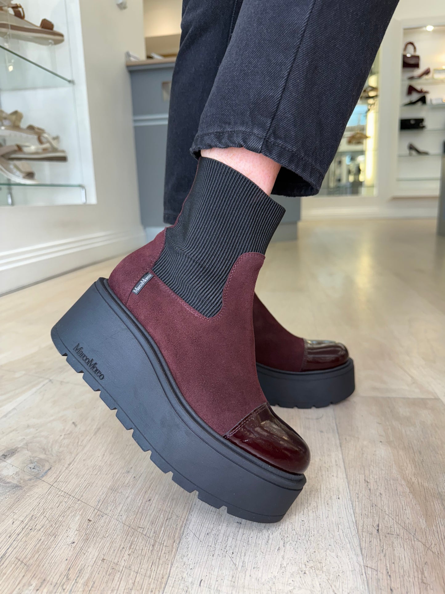 Marco Moreo - Brenda Burgundy Suede Chunky Sole Wedge Boot With Burgundy Patent Trim