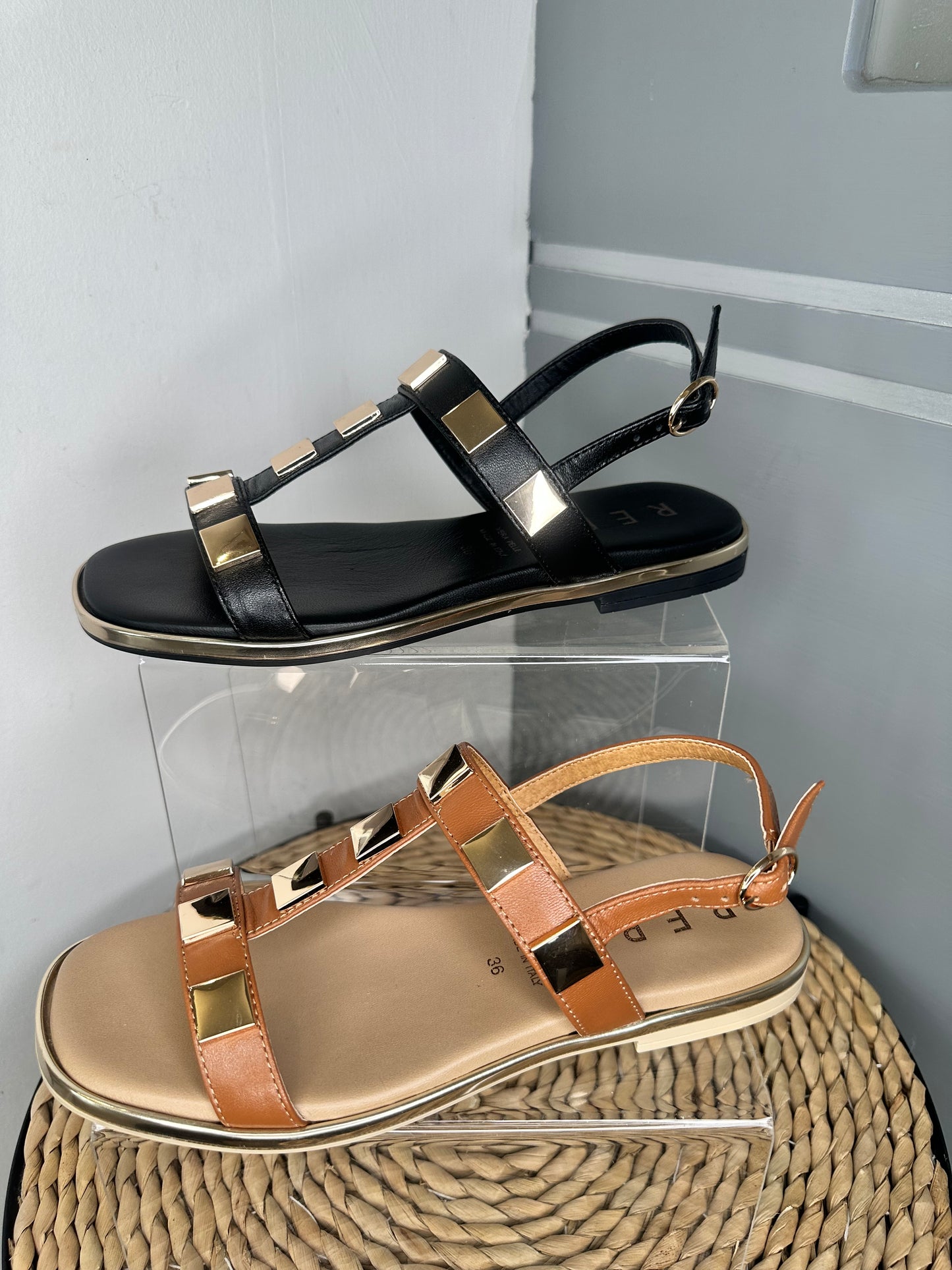 Repo -Black Flat T-Bar Leather Sandal With Gold Square Detail
