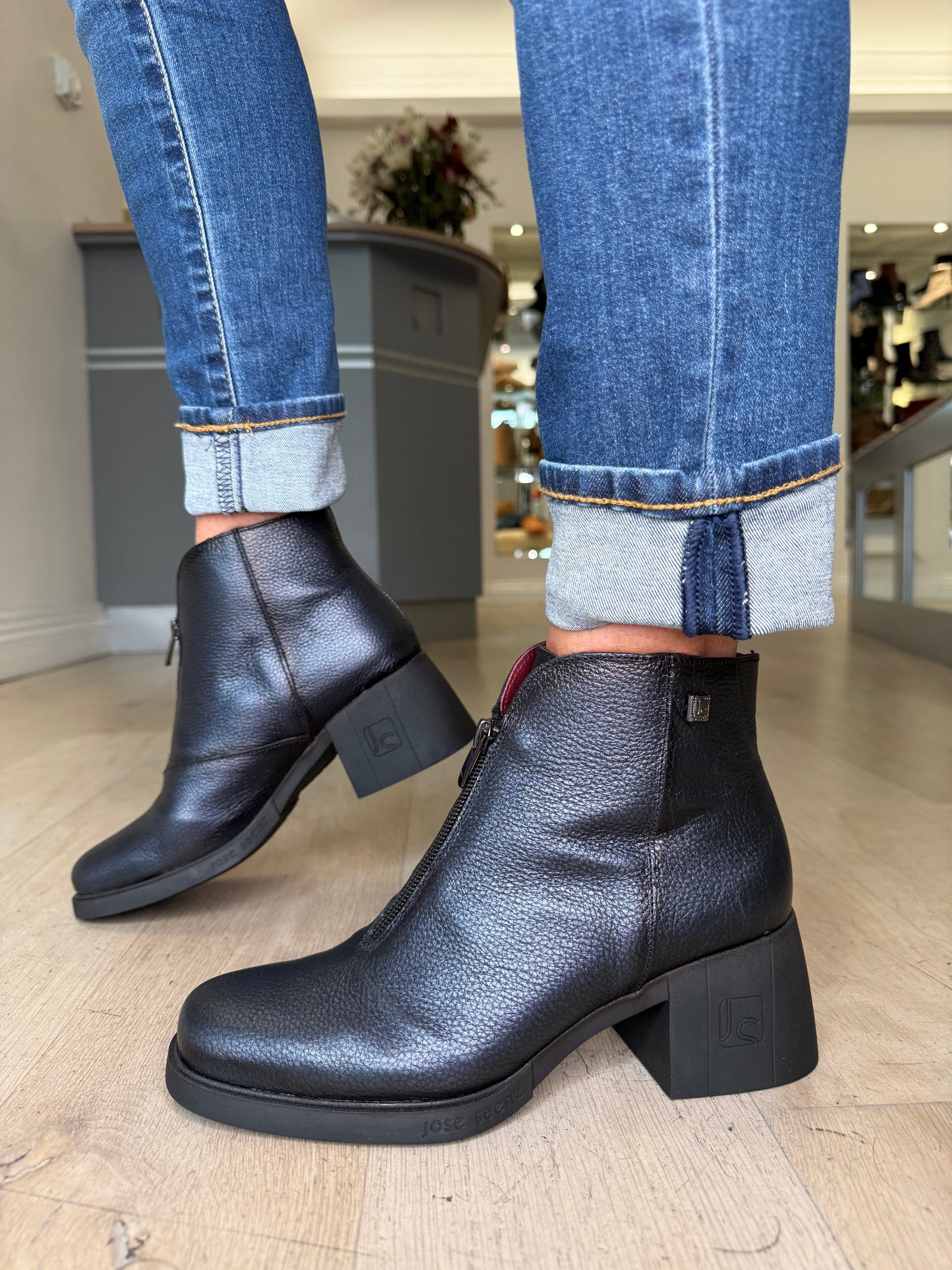 Jose Saenz - Dark Navy Leather Block Heel Zip Up Boot