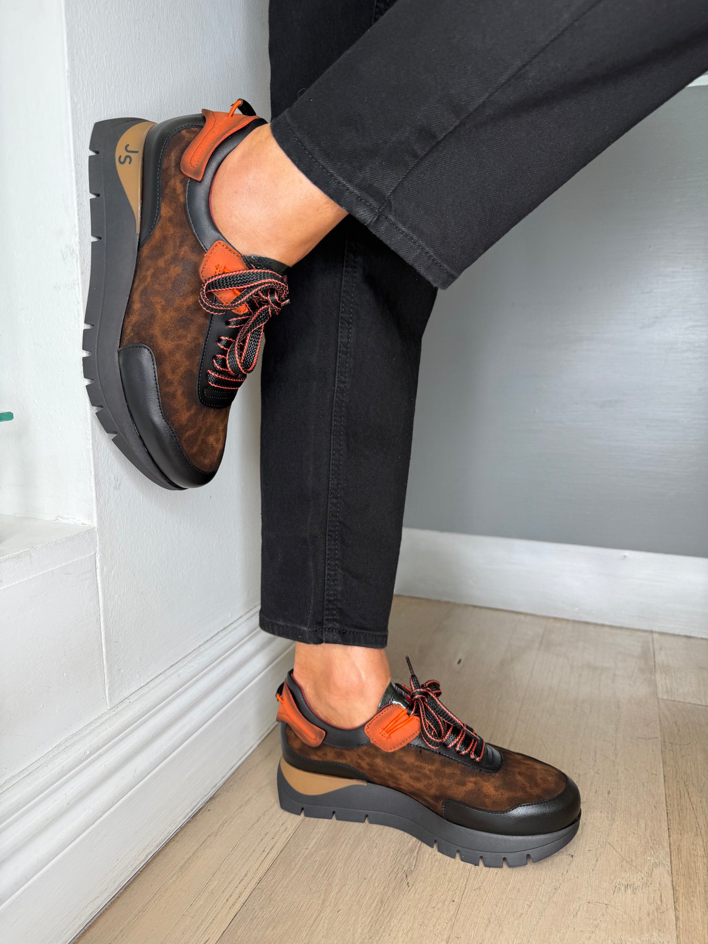 Jose Saenz - Black Leather / Leopard Print Trainer With A Burnt Orange Trim