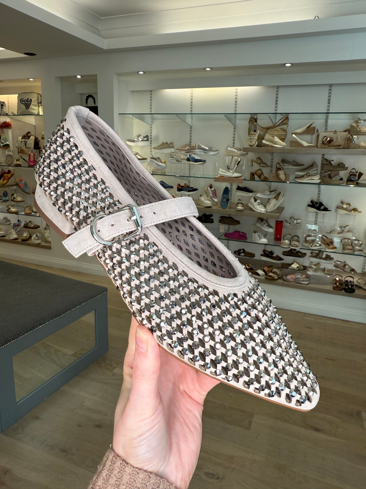 Pedro Anton (By Marian) - Soft Mink Suede Pointy Toe Diamante Mary Jane Pomp Shoe