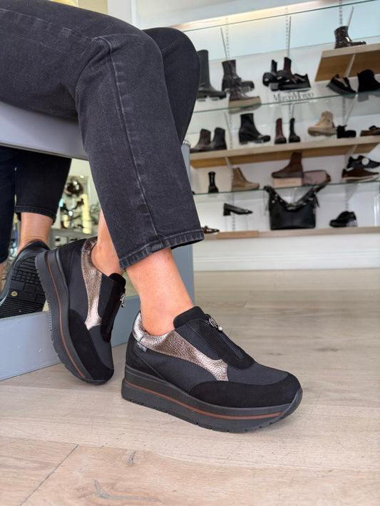 Marco Moreo - Gilda Black Suede & Fabric Mix Zip Up Shoe With Bronze Metallic Trim