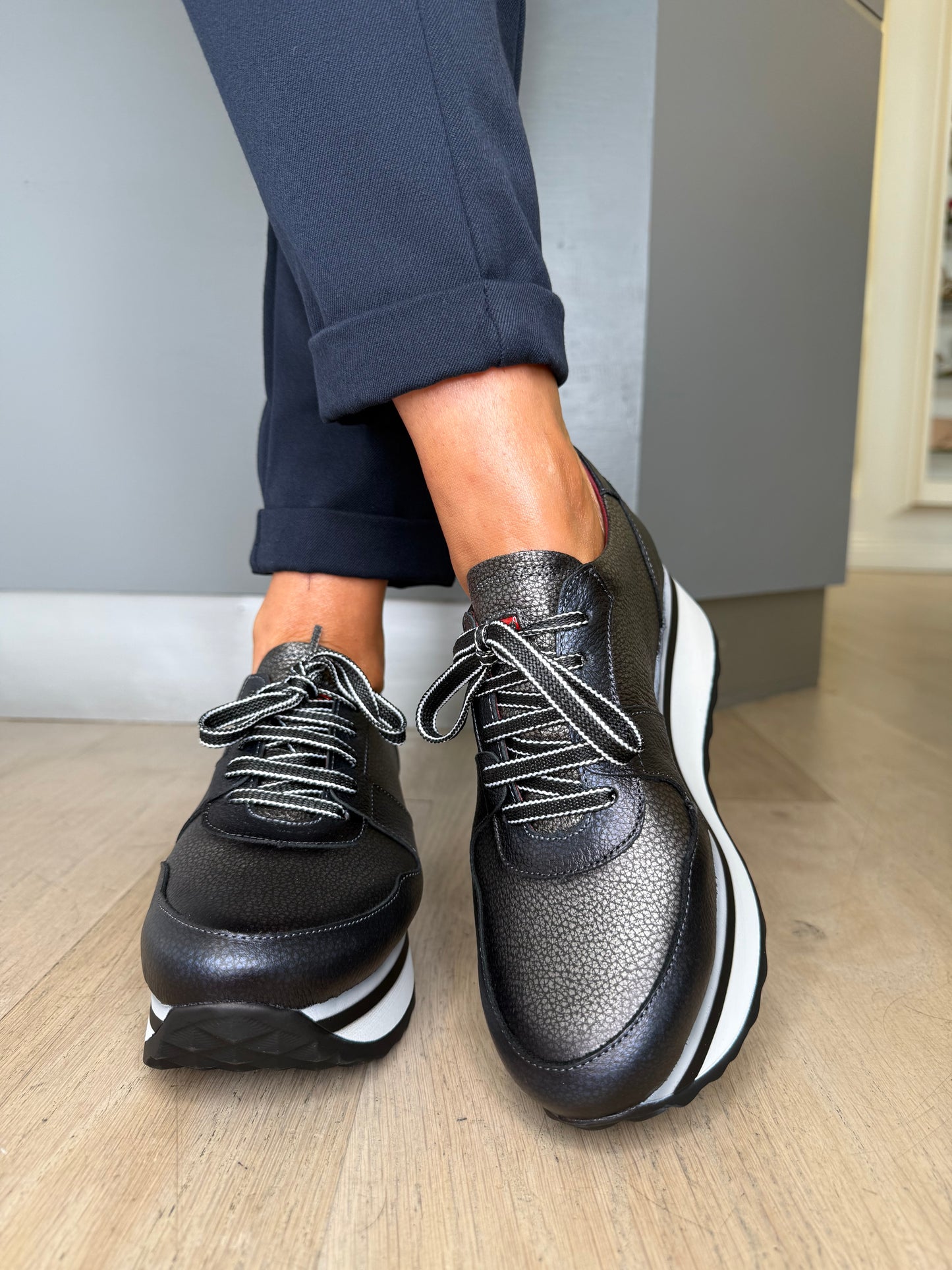 Jose Saenz - Metallic Dark Navy/Pewter Lace Up White Chunky Sole Shoe