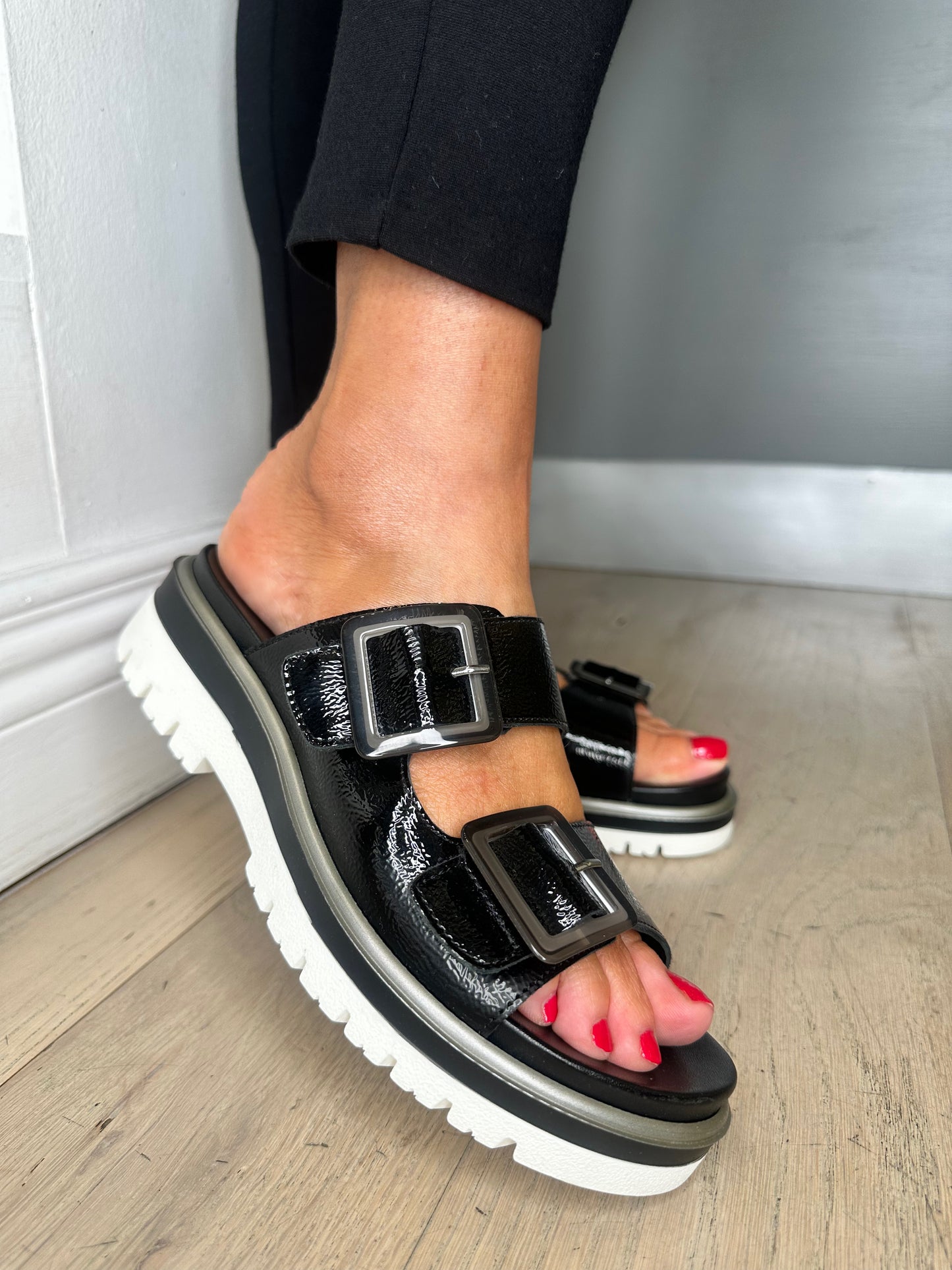 Ara -Black Flexy Patent Slider With Velcro Adjustable Straps