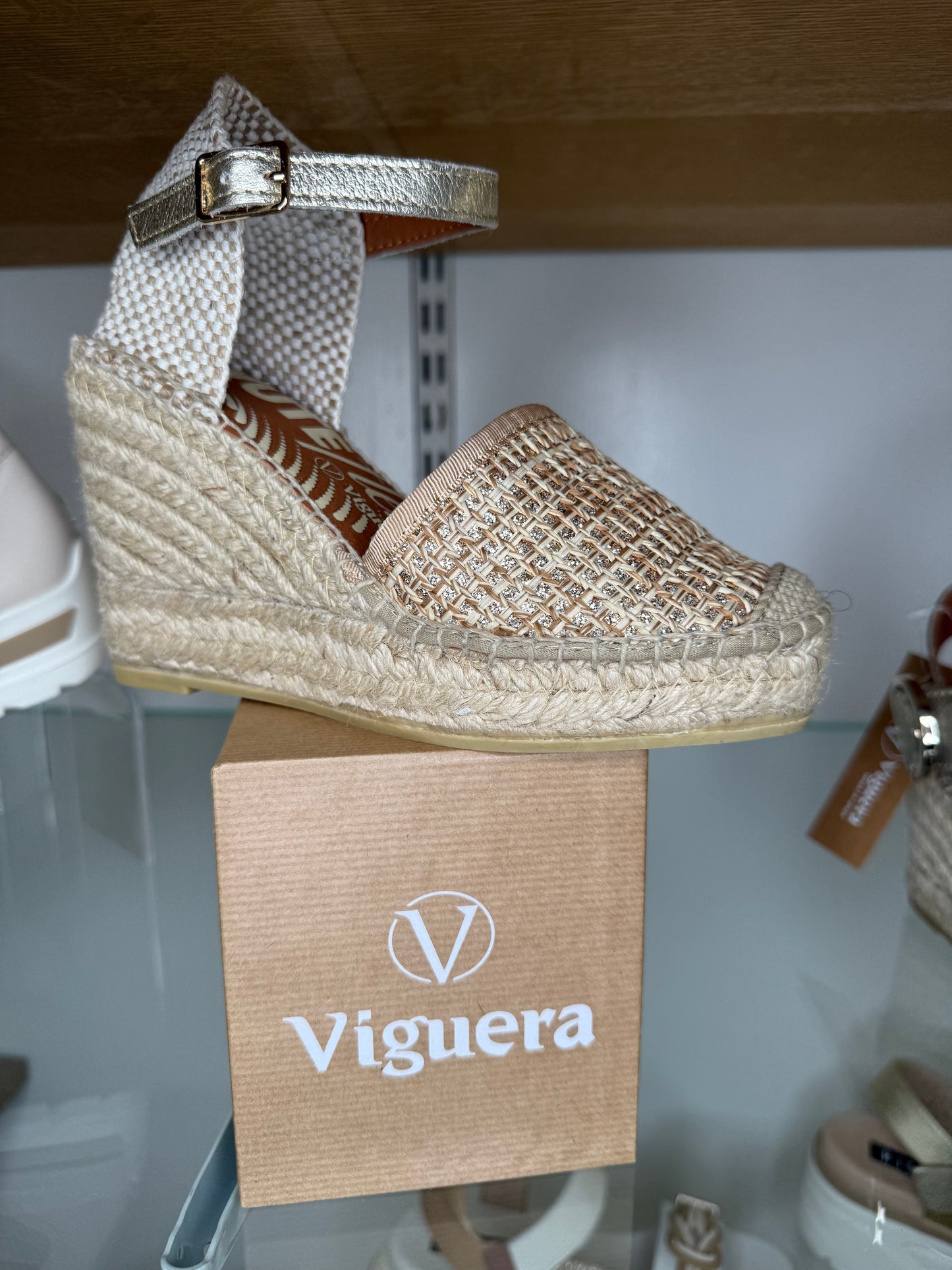 Viguera - Gold Mix Espadrille Closed Toe High Wedge