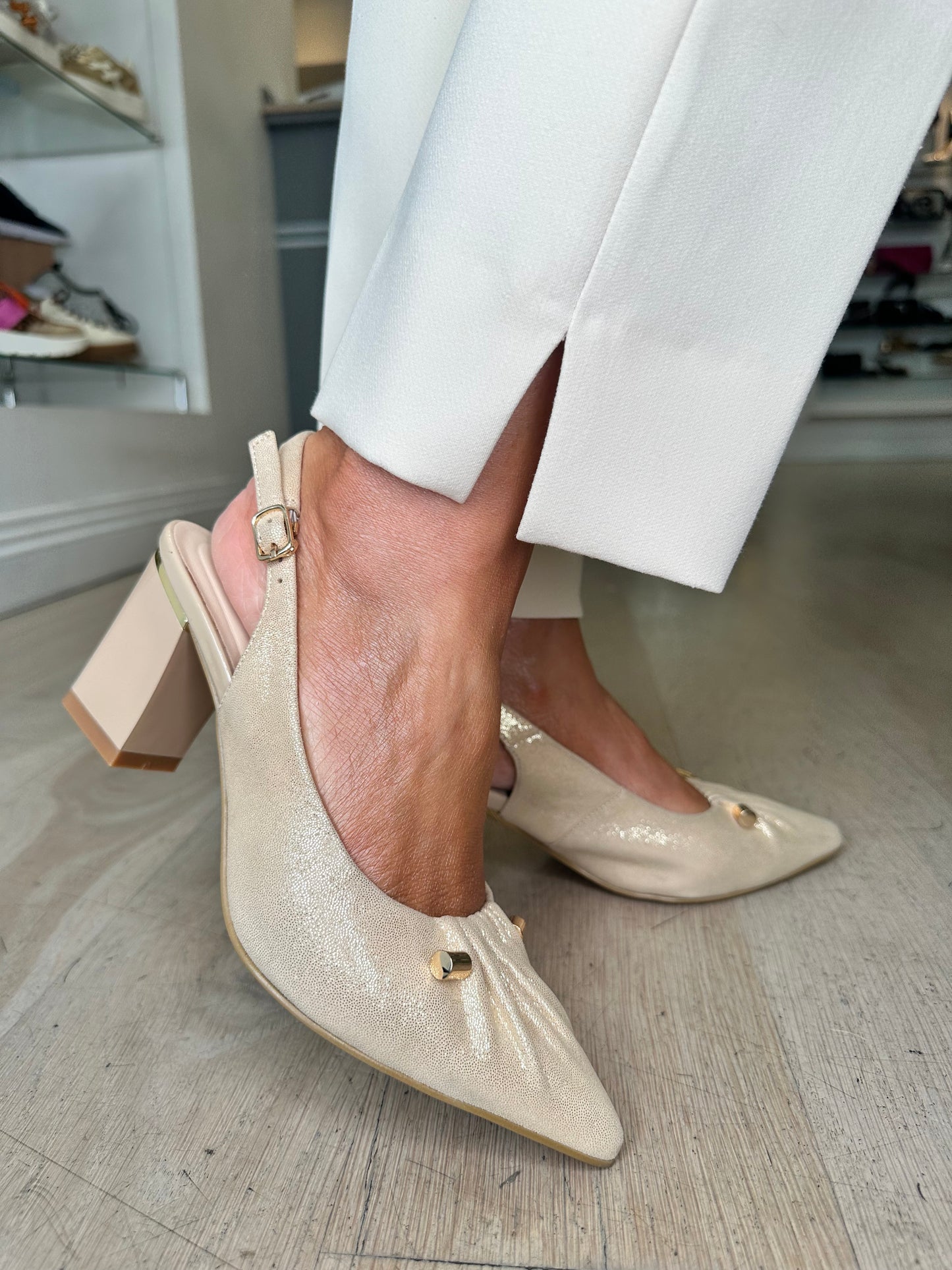 Loretta Vitale - Sand/Gold Shimmer Suede Pointy Toe Slingback Shoe