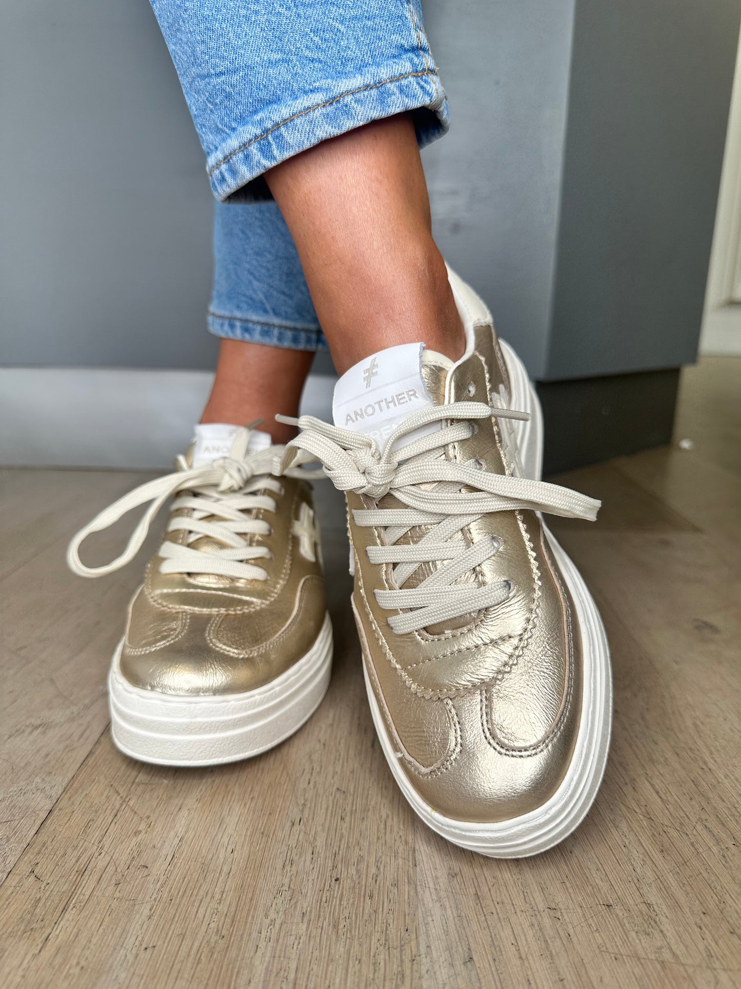 Another Trend - Soft Metallic Gold With Cream Trim & White Sole Platform Trainer