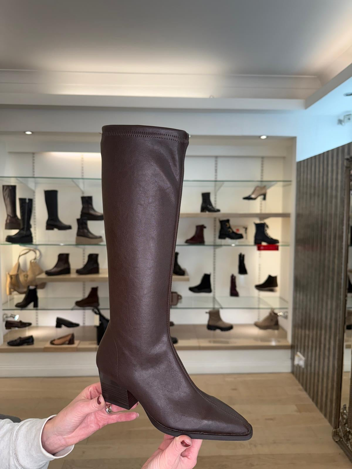 Miss Elastic - Dark Brown Long Stretch Leather Western Style Block Heel Boot