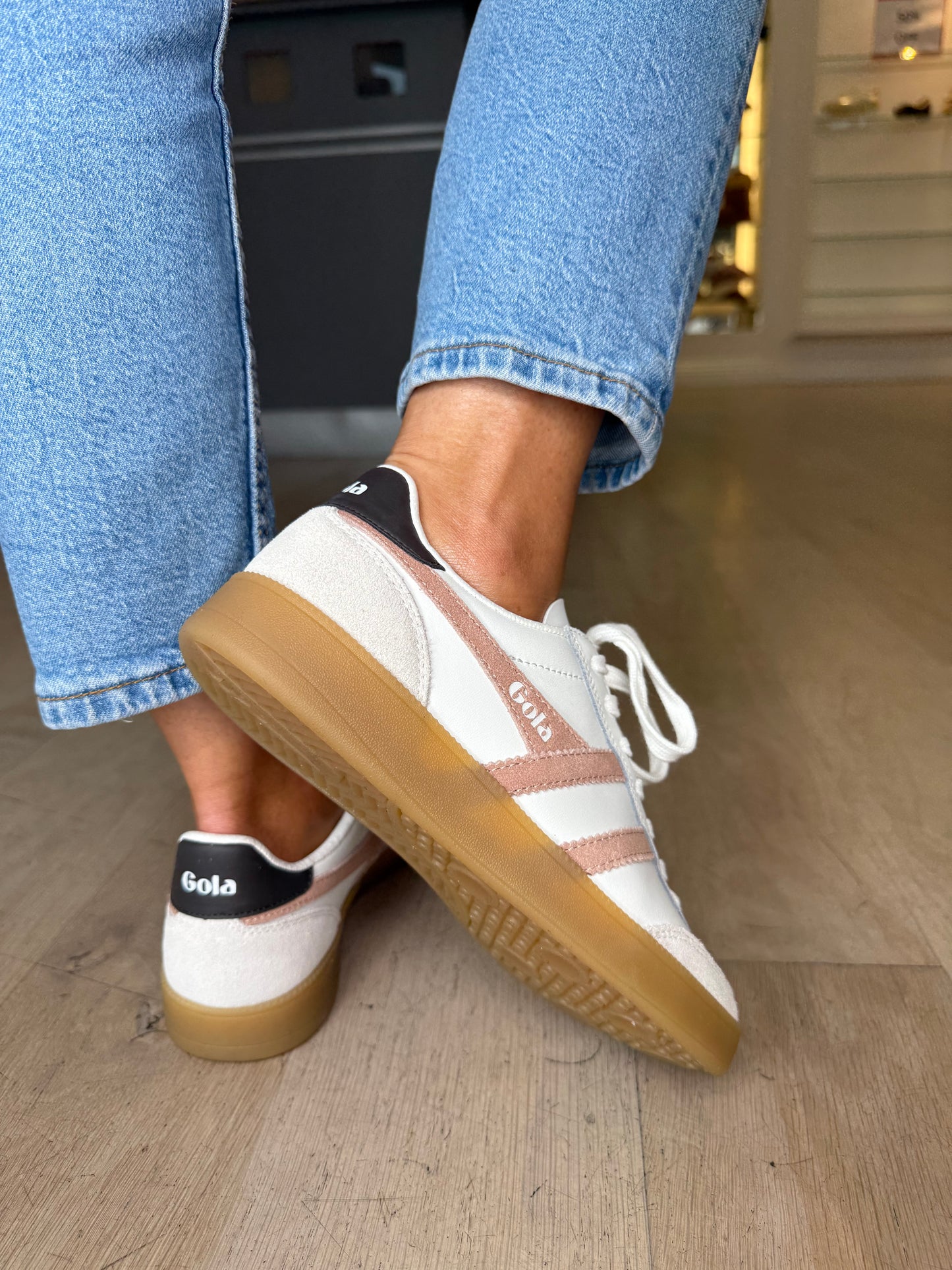 Gola = Viper White Leather Gum Sole Trainers With Dark Brown Trim