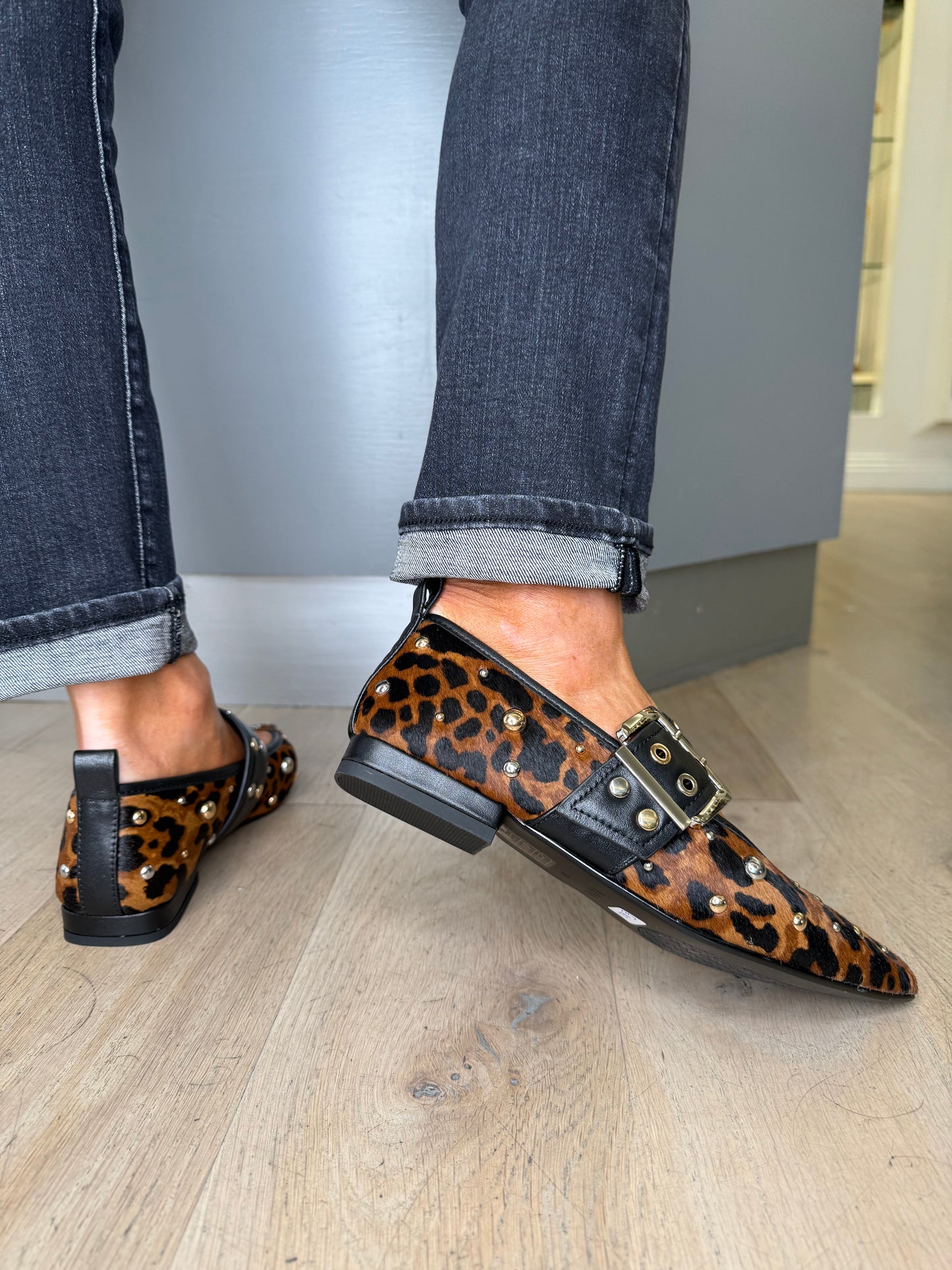 Lodi - Leopard Print Pointy Toe Pomps With Studded Trim