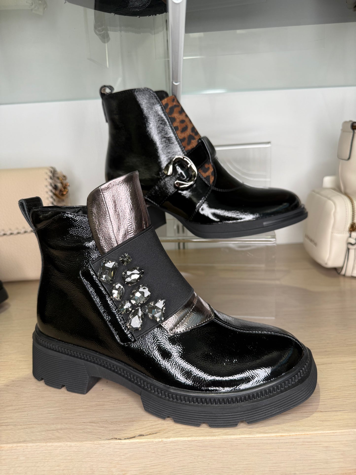 Loretta Vitale - Black Flexy Patent Biker Boot Style With Stone Detail