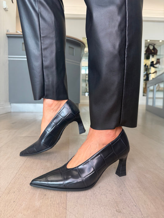 Hispanitas - Matt Black Croc Print Leather Pointy Toe Court Shoe