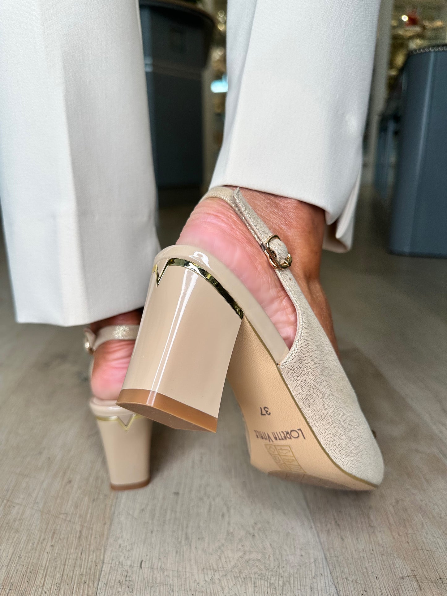 Loretta Vitale - Sand/Gold Shimmer Suede Pointy Toe Slingback Shoe