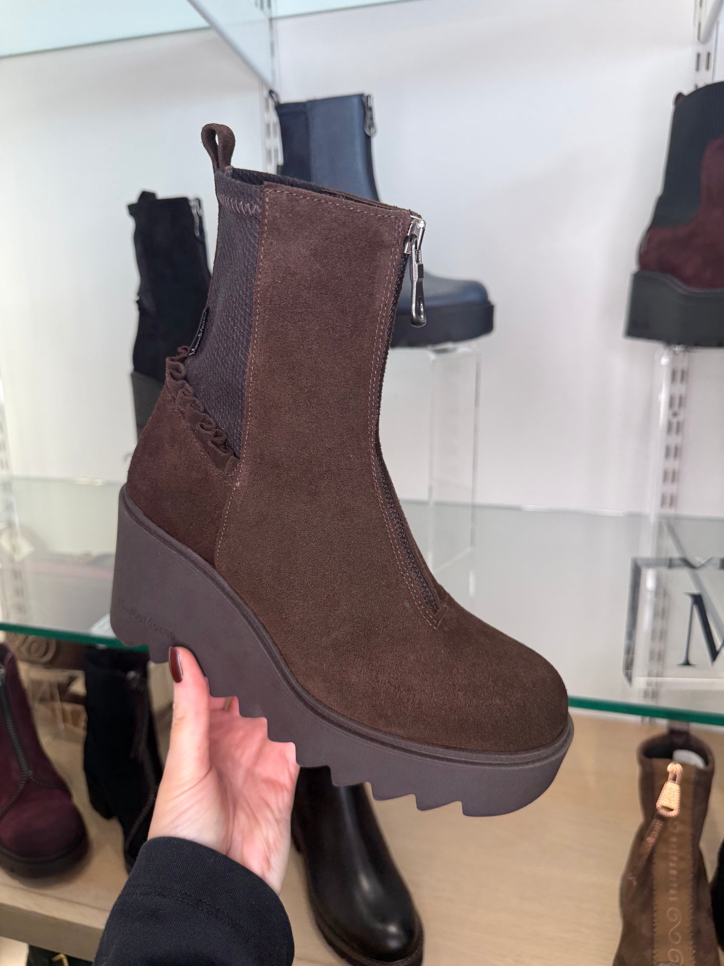 Marco Moreo - Rich Brown Suede Chunky Sole Wedge Boot With Frill Detail