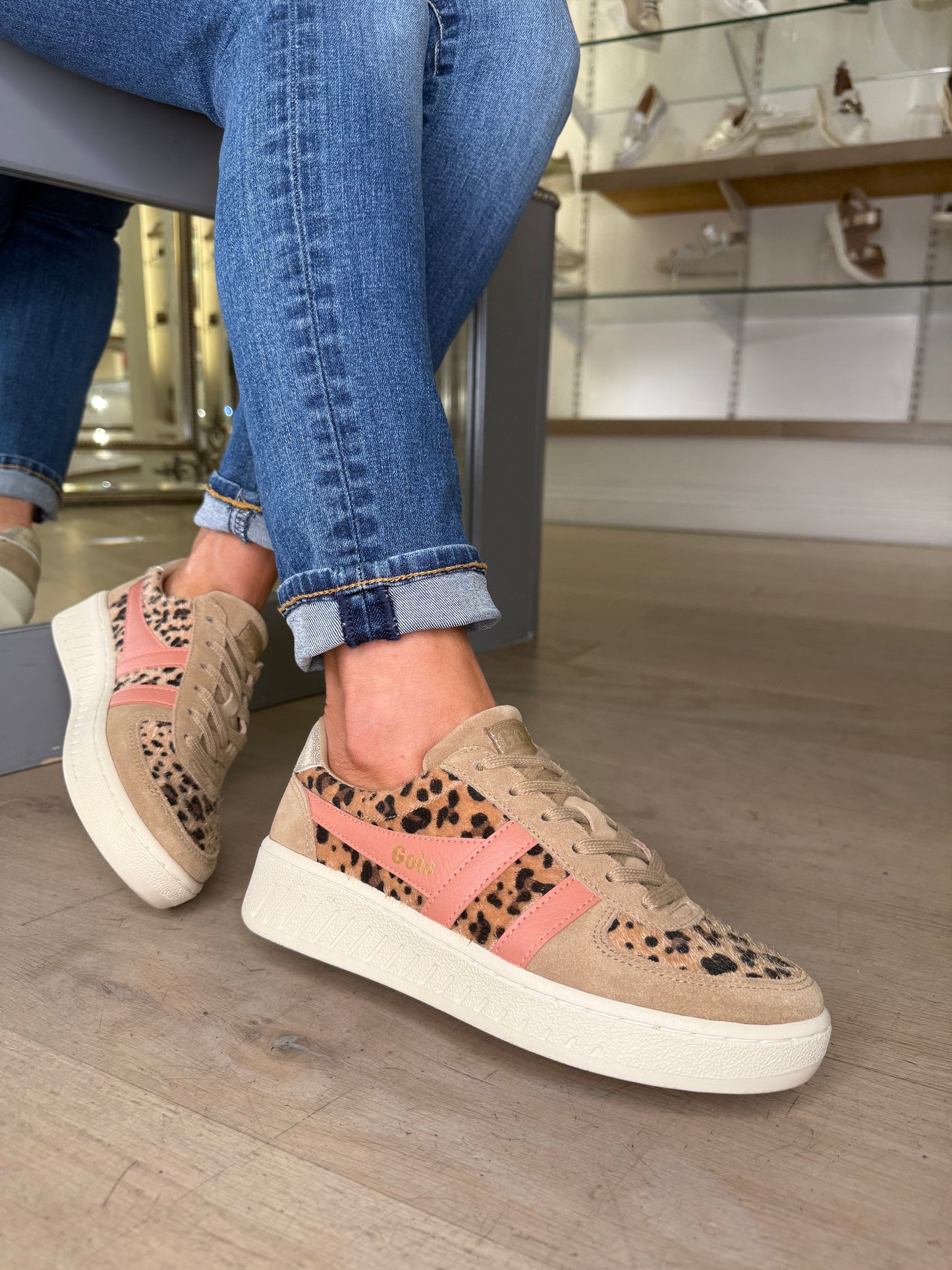 Gola - Grandslam Caramel Suede Trainer With Leopard Print & Coral Trim