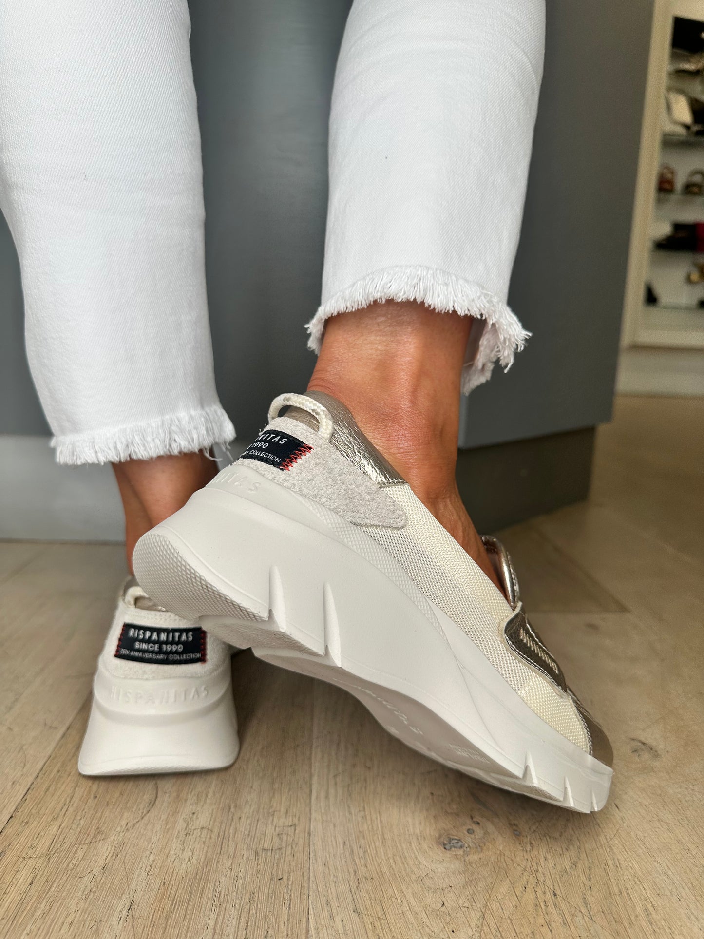 Hispanitas -Cream Mesh/Metallic Gold Slip On Sporty Shoe