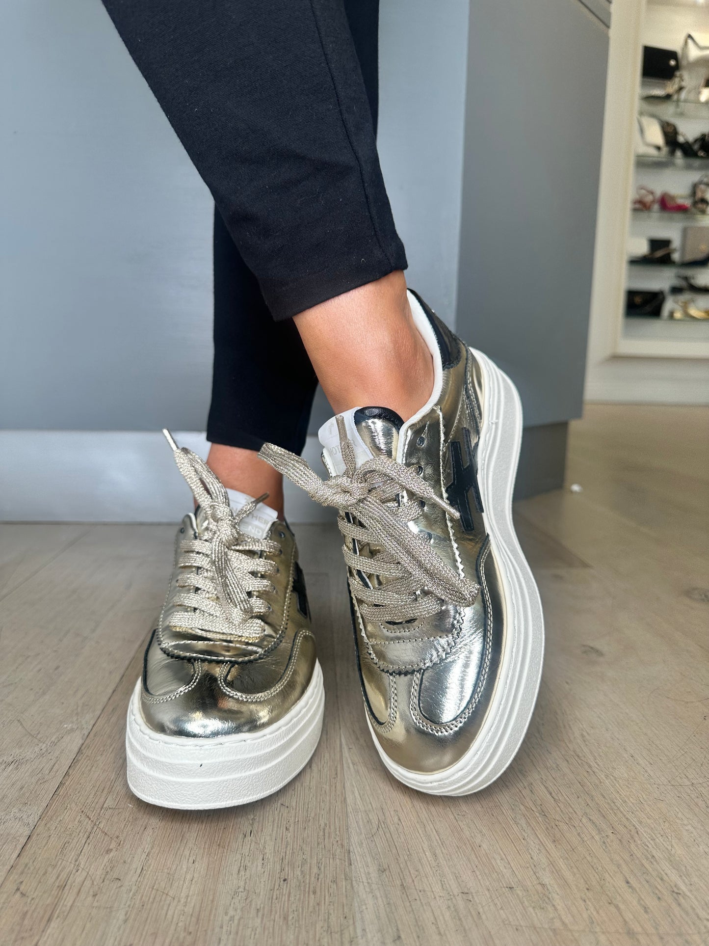 Another Trend -Metallic Gold Leather / Black Trim & White Platform Sole Trainer