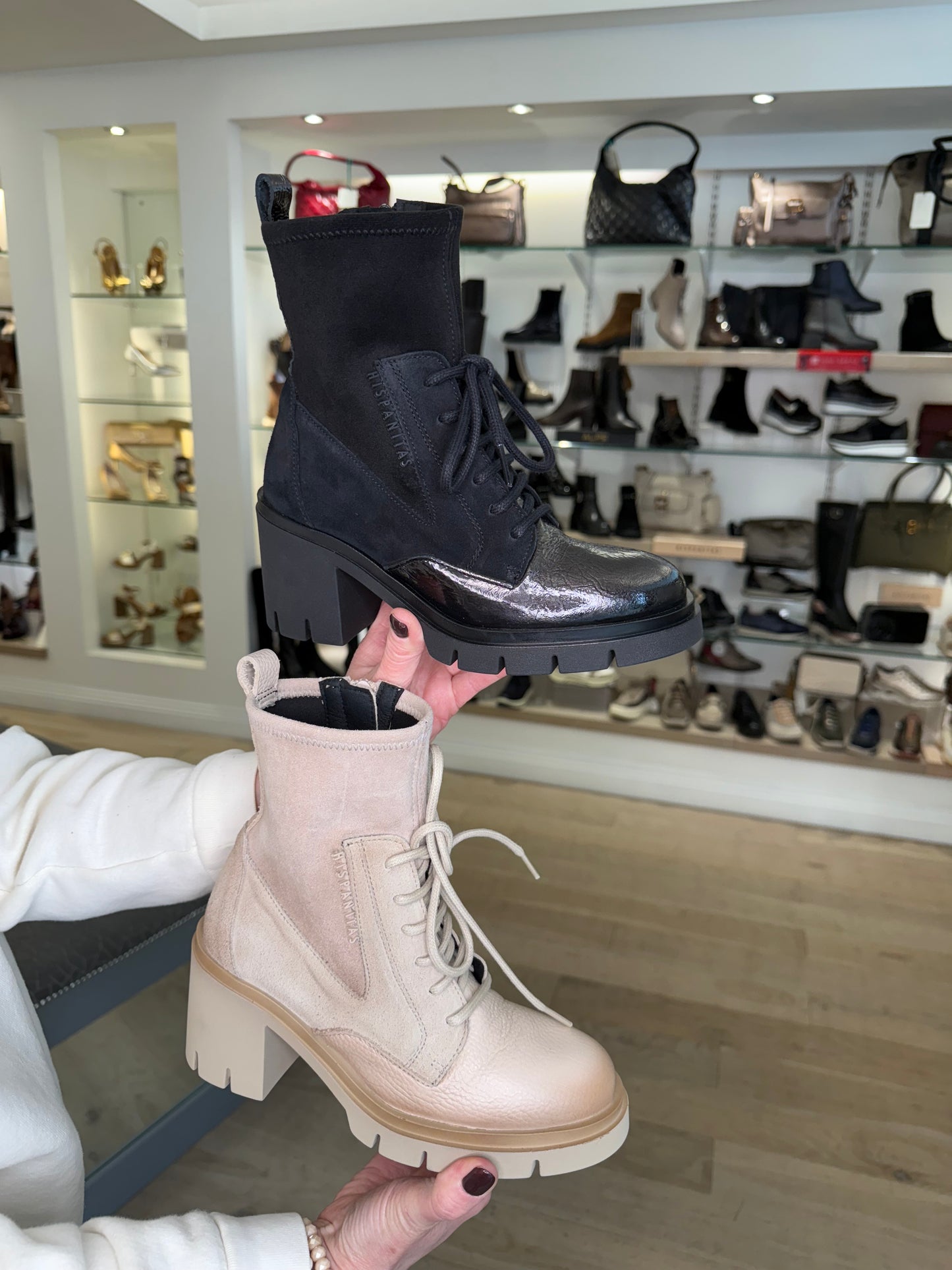 Hispanitas - Winter Cream Leather/ Suede Mix Boot With Lace Detail and Chunky Sole