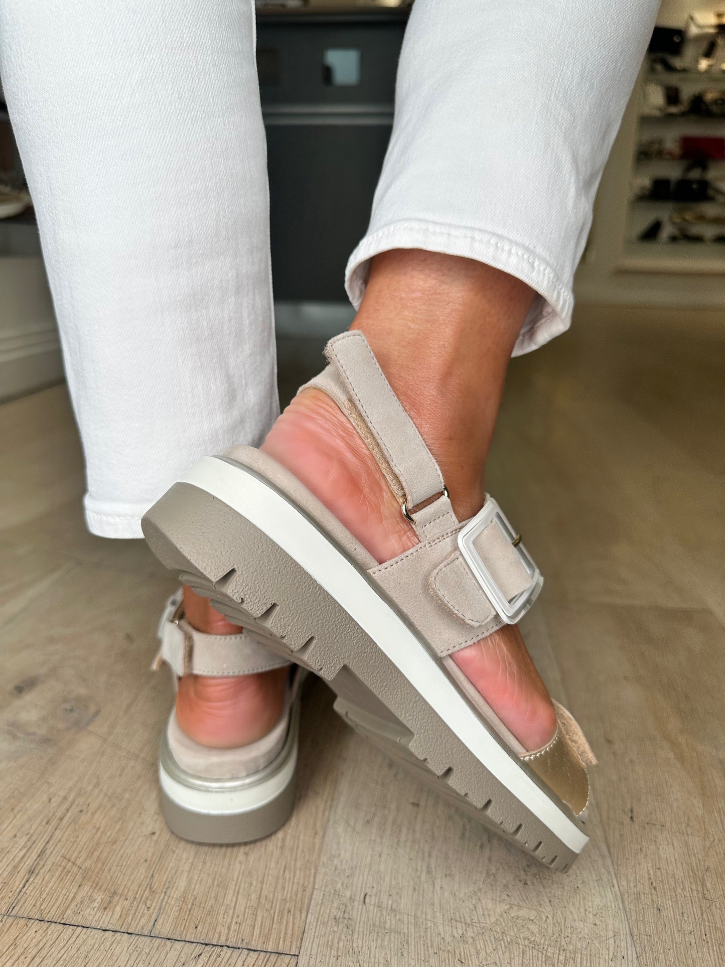 Ara -Soft Beige Suede / Soft Gold Velcro Strap Sandal