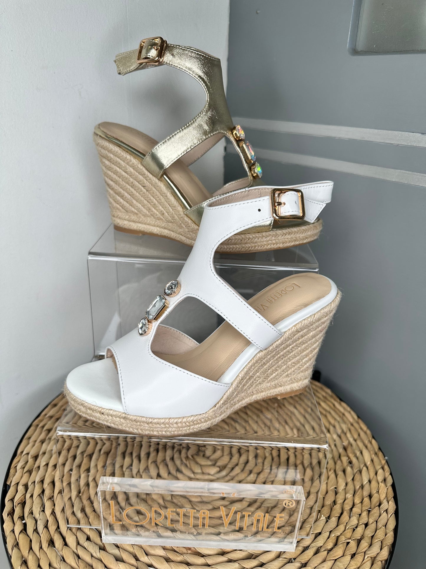 Loretta Vitale - Metallic Gold Espadrille Wedge With Stone Trim