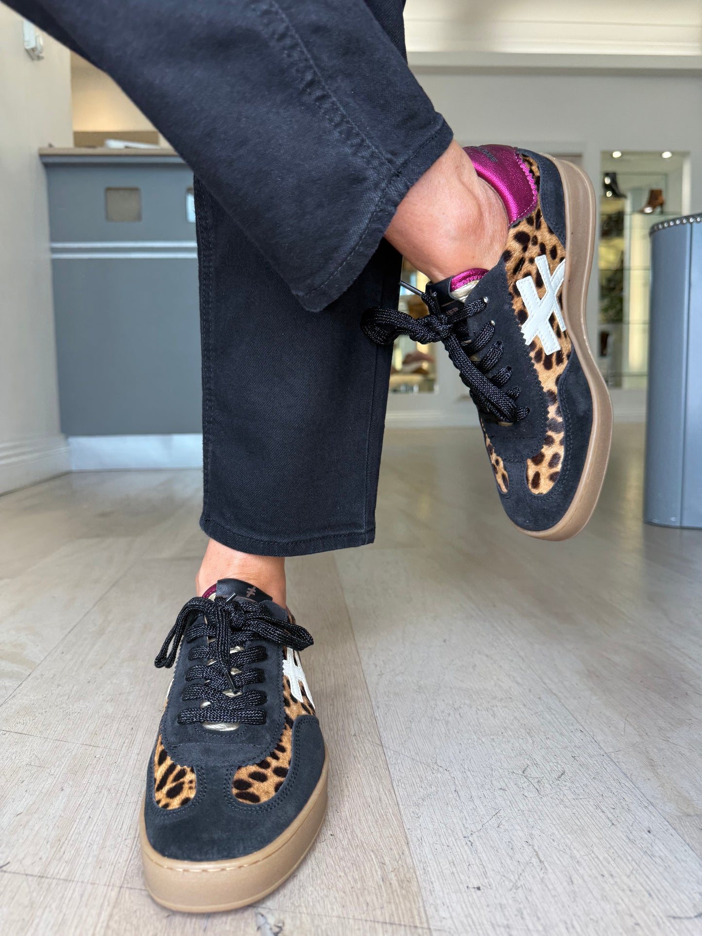 Another Trend - Black Suede/ Leopard Print Trainer With White Leather & Deep Metallic Pink Trim