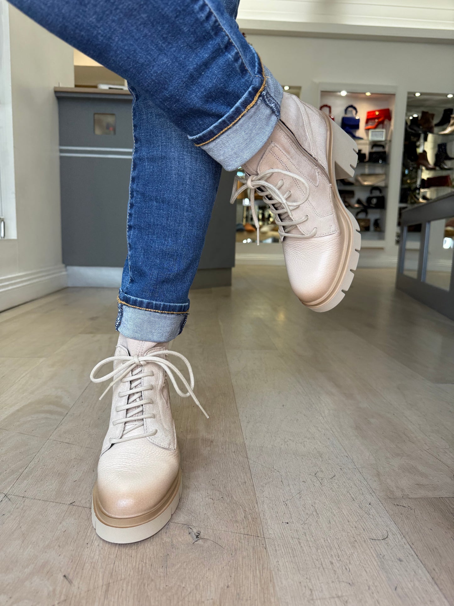 Hispanitas - Winter Cream Leather/ Suede Mix Boot With Lace Detail and Chunky Sole