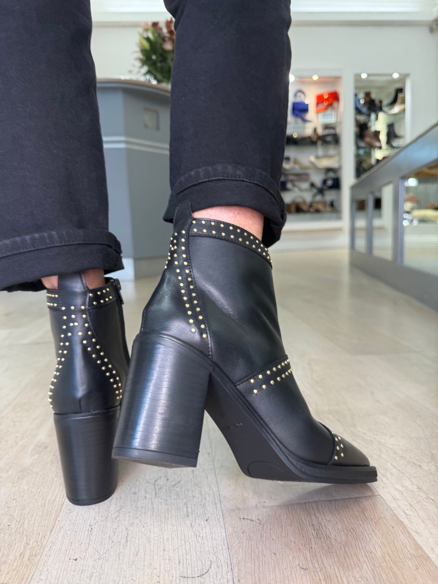 Alpe -Black Nappa Leather Boot With Gold Stud Trim & Block Heel
