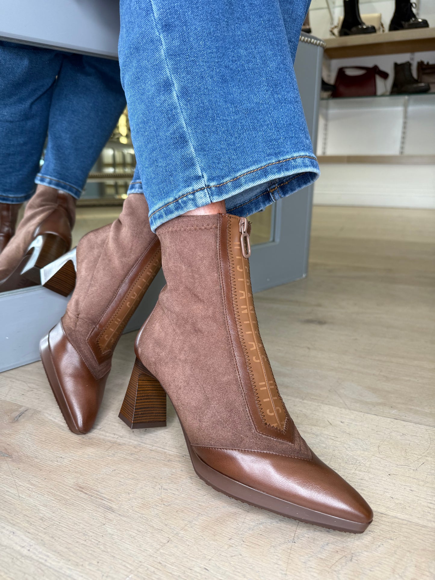 Hispanitas - Rich Brown Suede/ Leather Mix Pointy Toe Boot With Stacked Heel