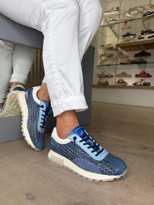 Hispanitas - Blue Weave/ Leather Mix Pull On Trainer With White Trim
