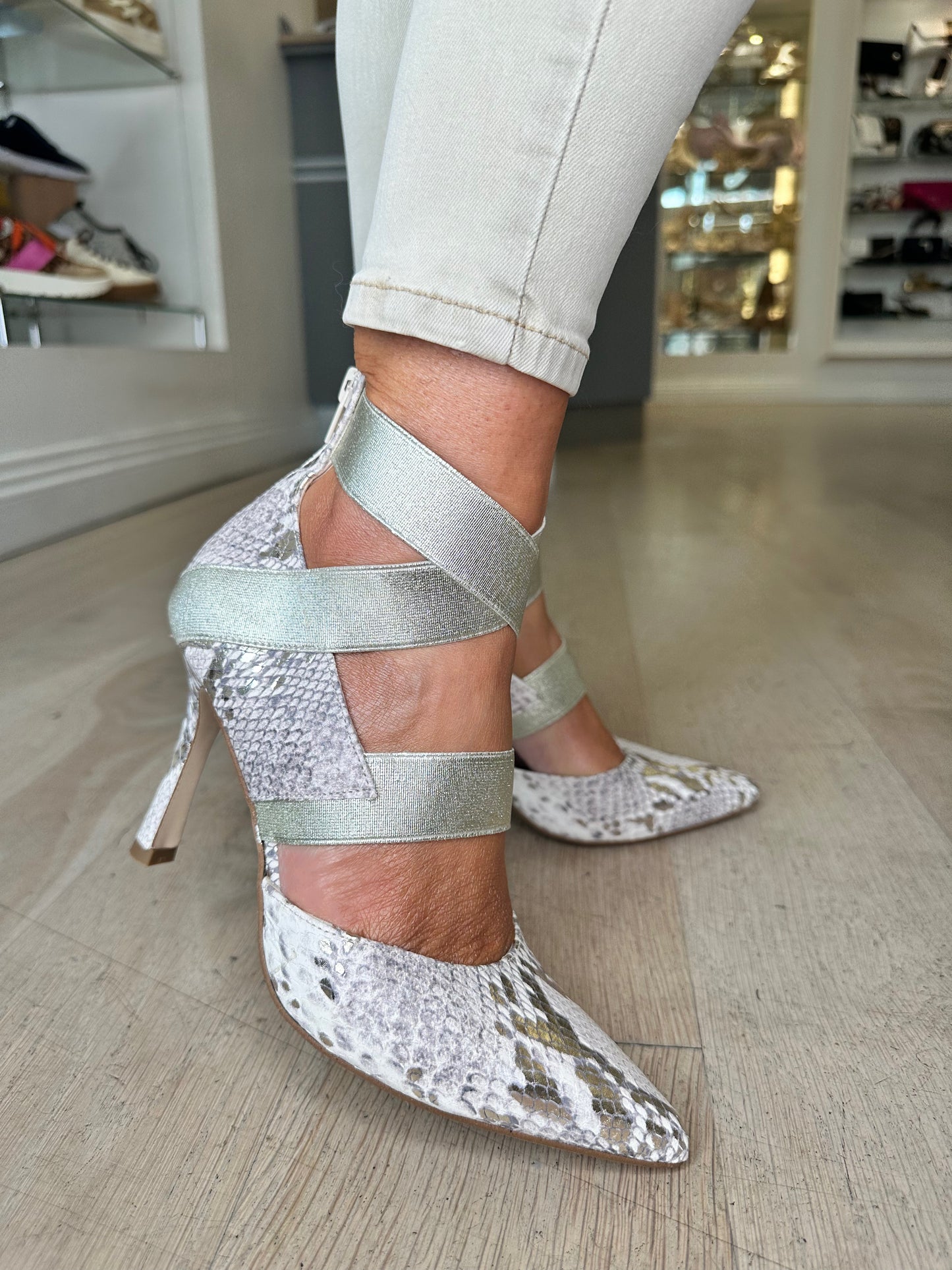 Marian -Cream / Gold Snake Print Pointy Shoe Strappy Court Shoe