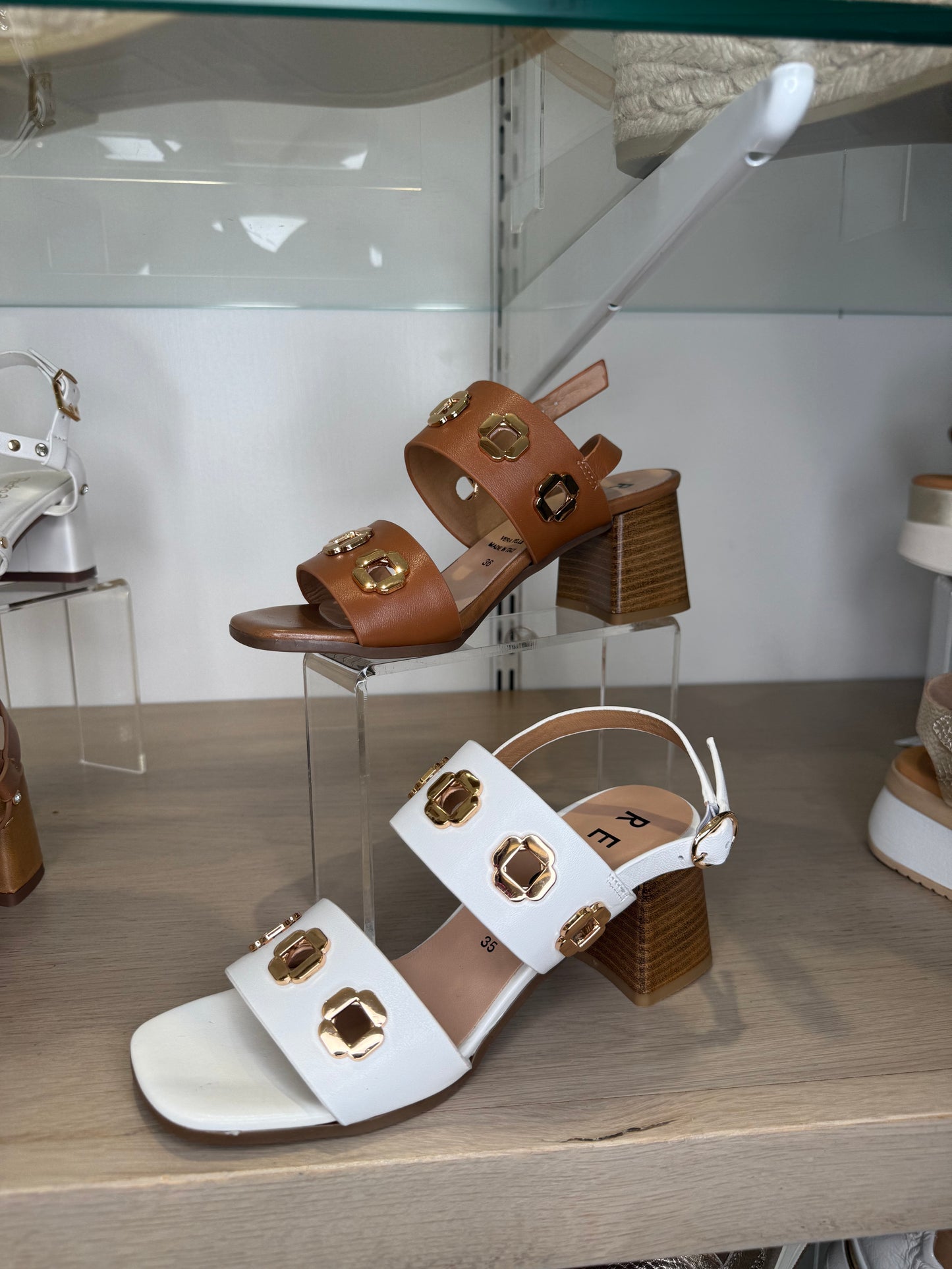 Repo - White Leather Block Heel Sandal with Gold Hardware Detail
