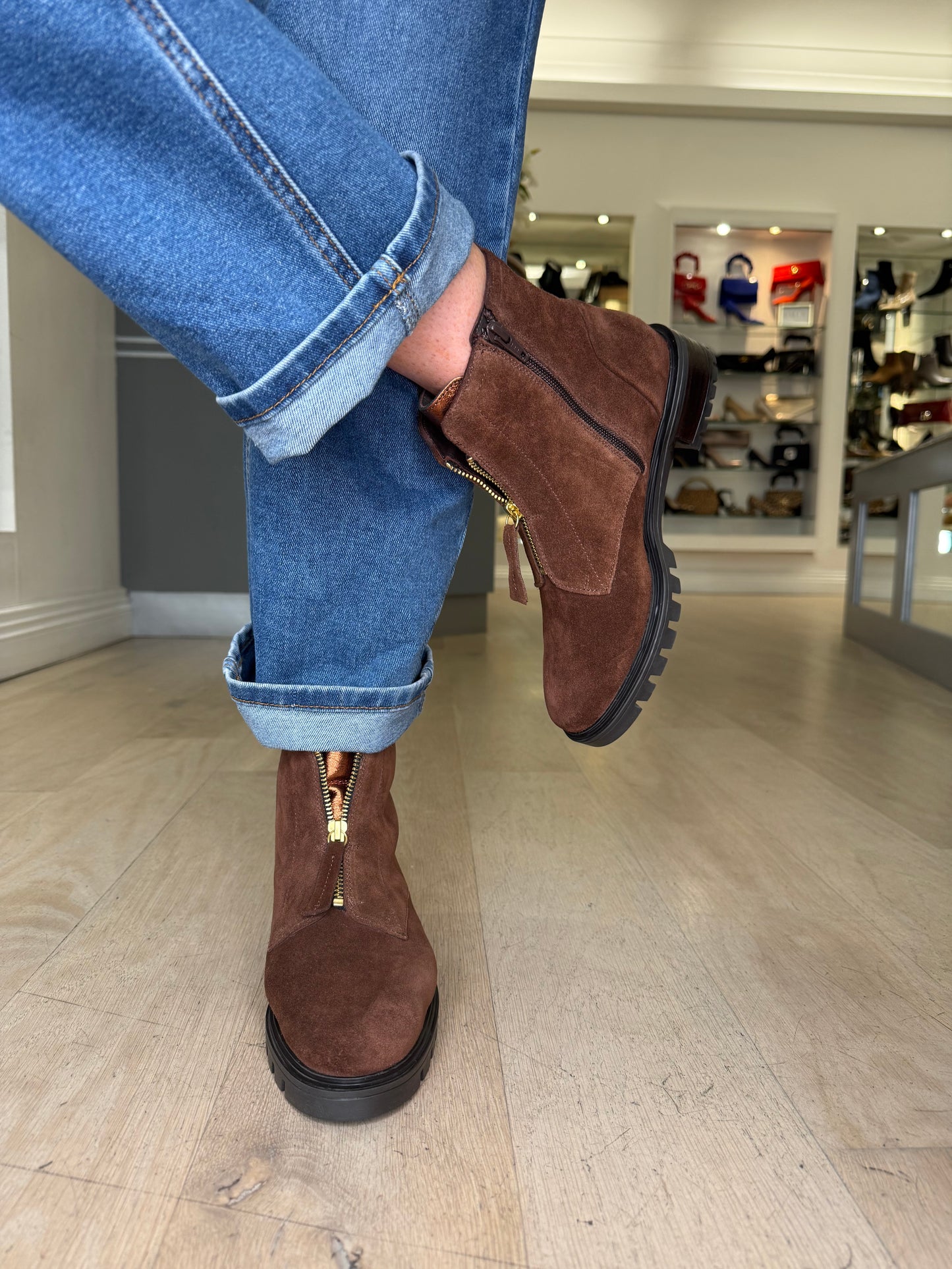 Ara -Chocolate Brown Suede Chelsea Style Boot With Bronze Trim