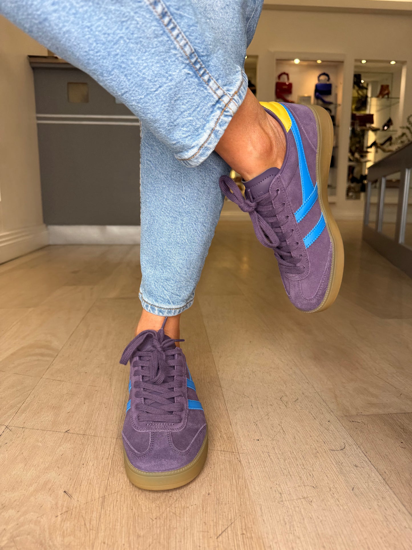 Gola = Viper Plum Suede Trainer With Blue & Mustard Trim