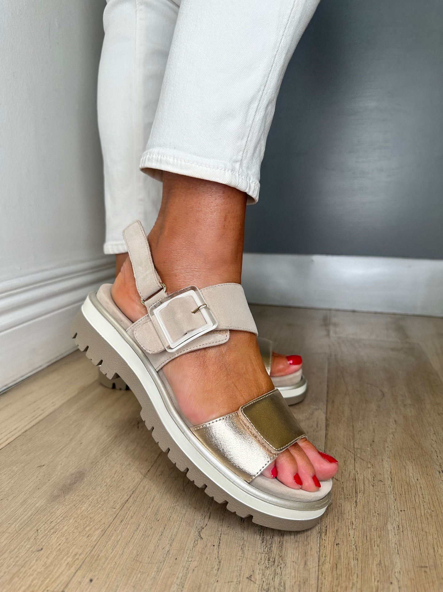 Ara -Soft Beige Suede / Soft Gold Velcro Strap Sandal