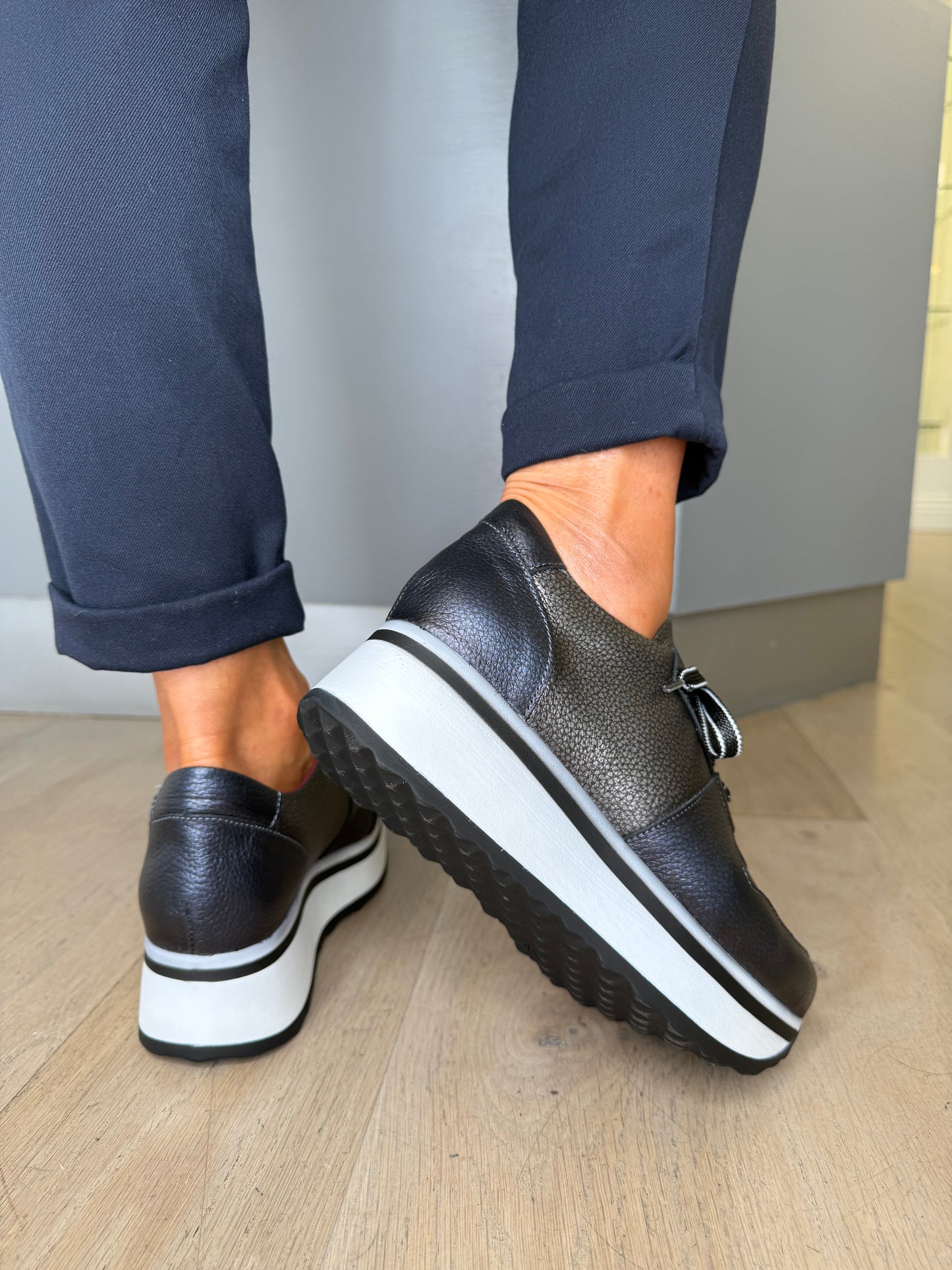Jose Saenz - Metallic Dark Navy/Pewter Lace Up White Chunky Sole Shoe