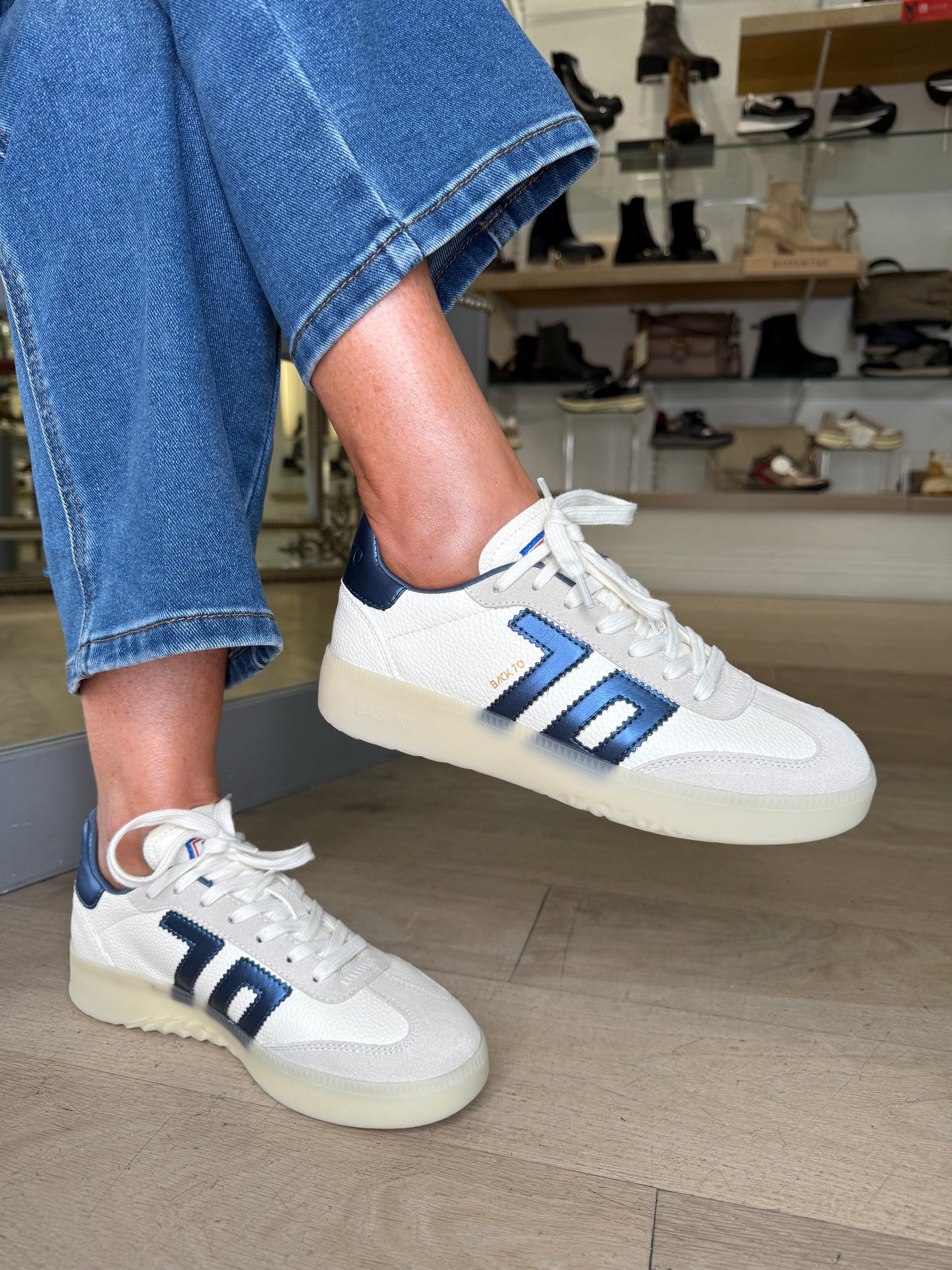 Back 70 - Boston White Leather/ Stone Suede Trainer With Ice Blue Metallic Trim