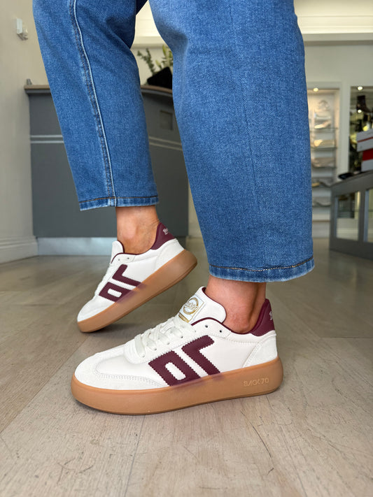 Back 70 - Cream Leather & Suede Mix Trainer With Wine Trim