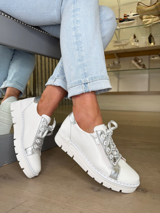 Jose Saenz - White Nappa Leather Lace Up Shoe With Silver Metallic Trim & Side Zip