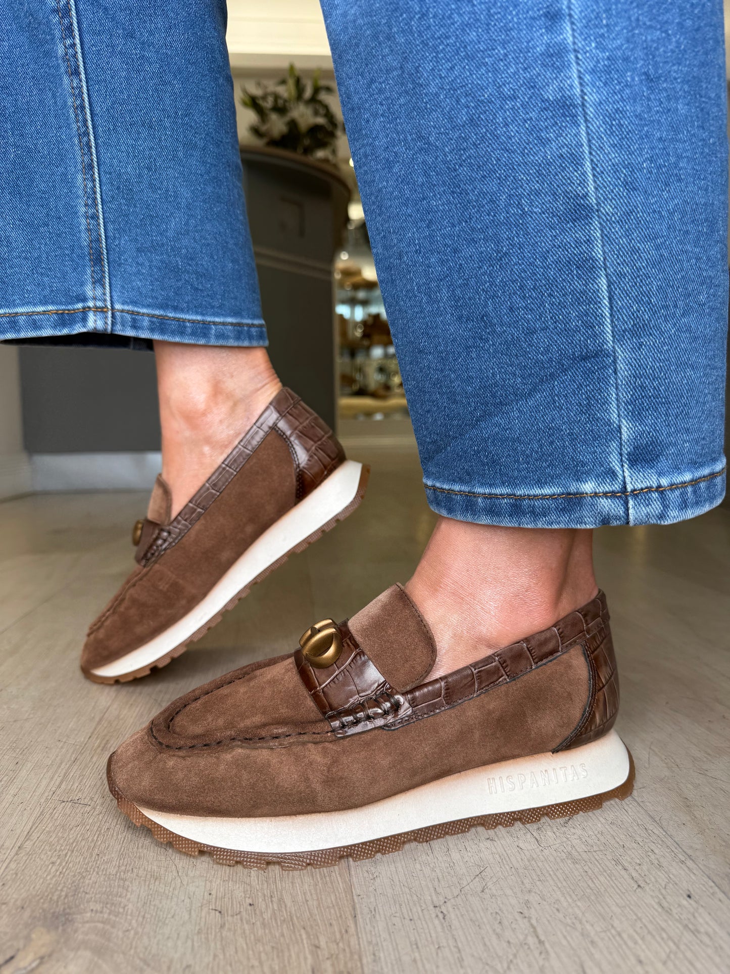 Hispanitas - Soft Brown Suede Moccasin Shoe With Dark Brown Croc Trim