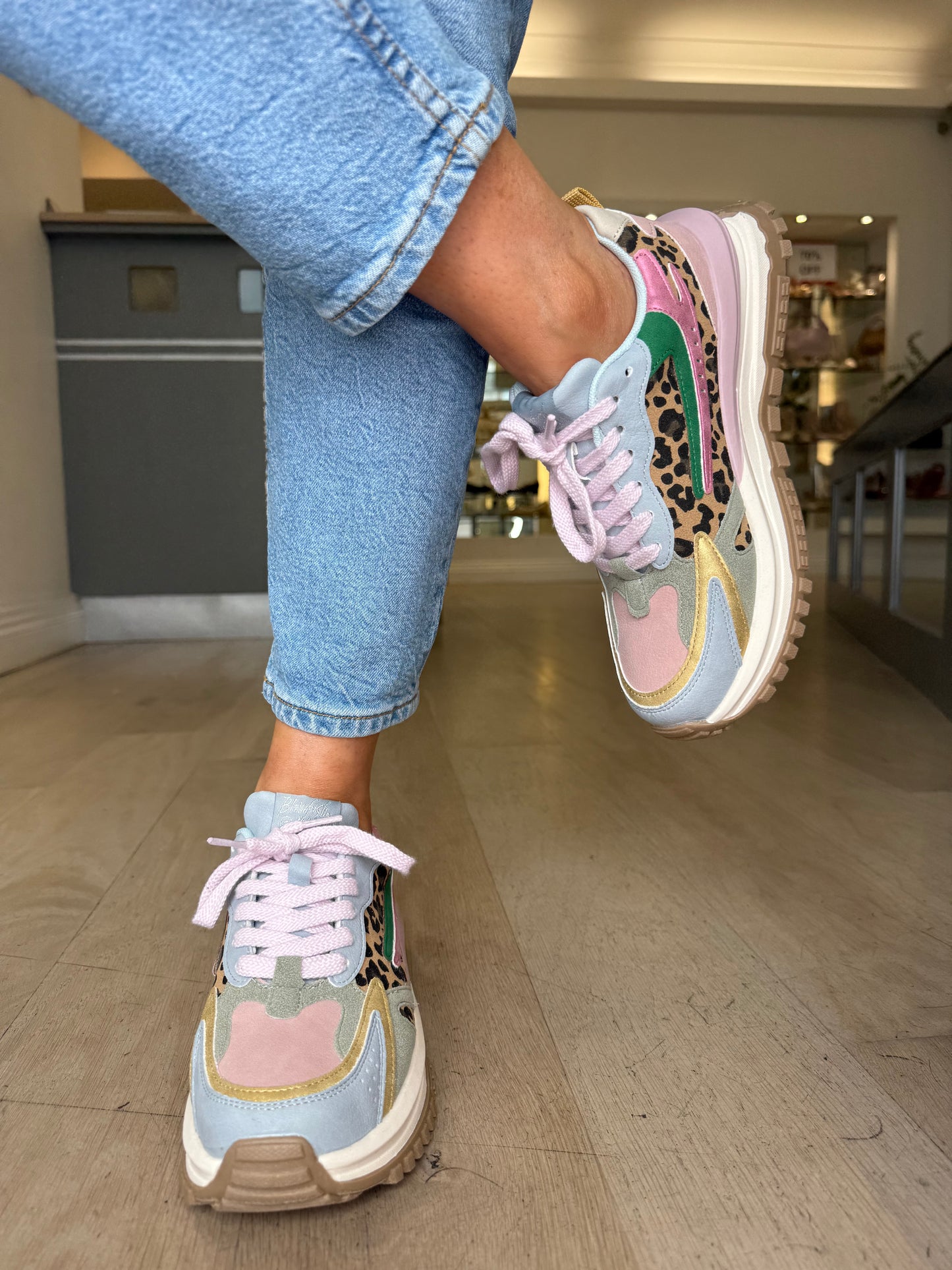 Blowfish Malibu - Leo Leopard Suede/ Multi Pastel Combo Retro Lace Up Chunky Trainer