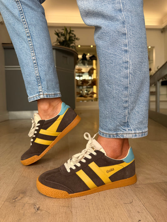 Gola - Elan Soft Mocha Brown Suede Trainer With Yellow & Blue Trim