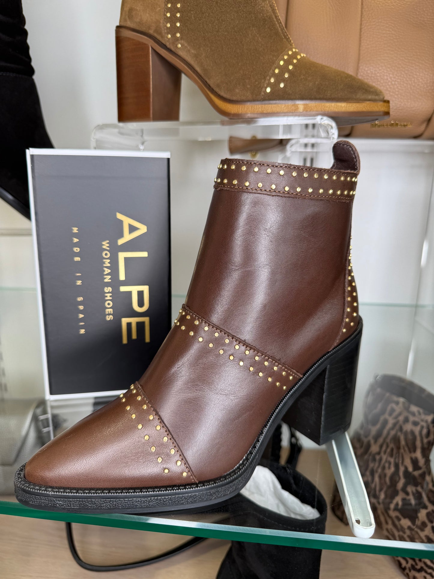 Alpe - Dark Brown Leather Boot With Gold Stud Trim & Block Heel