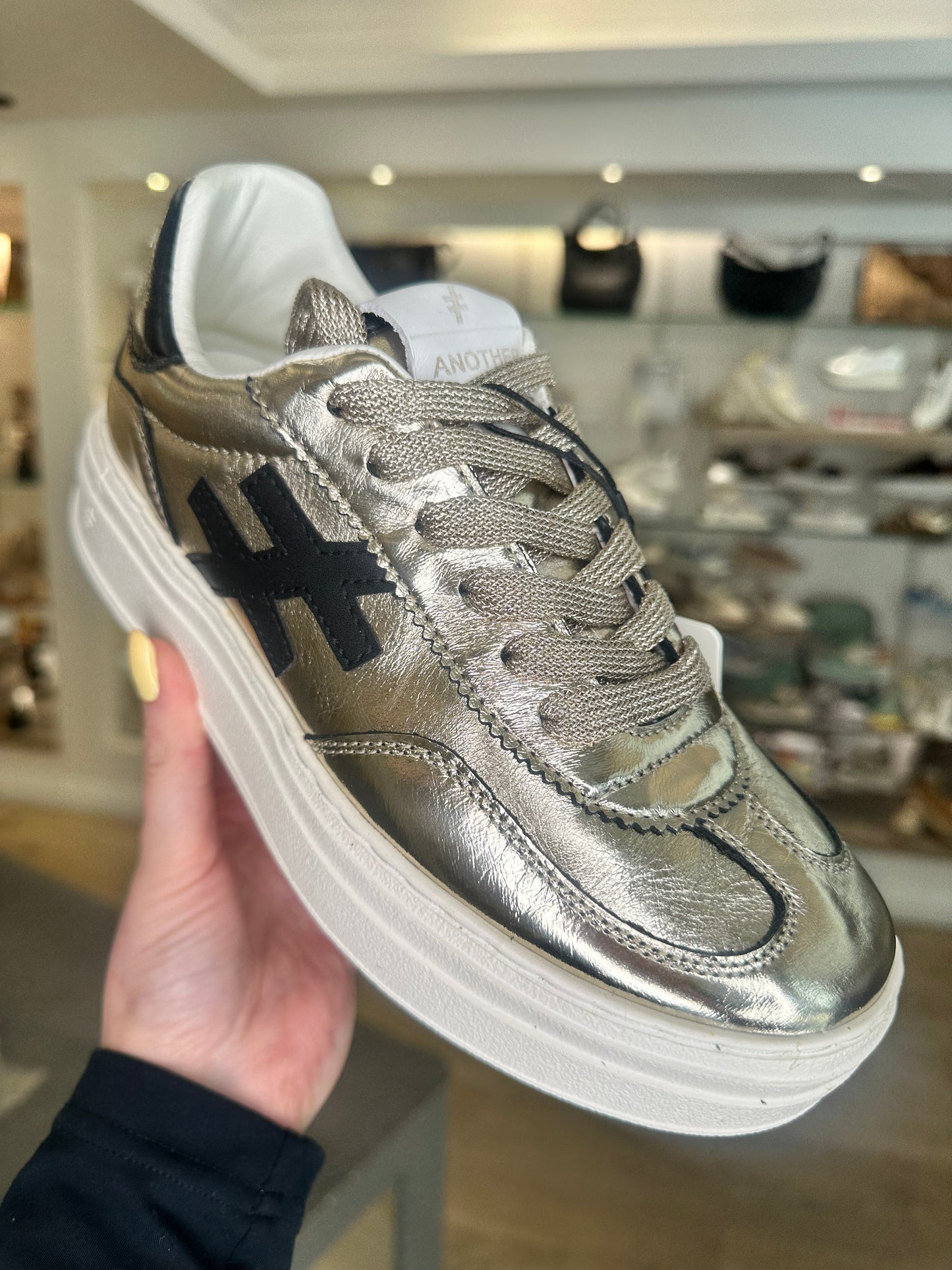 Another Trend -Metallic Gold Leather / Black Trim & White Platform Sole Trainer