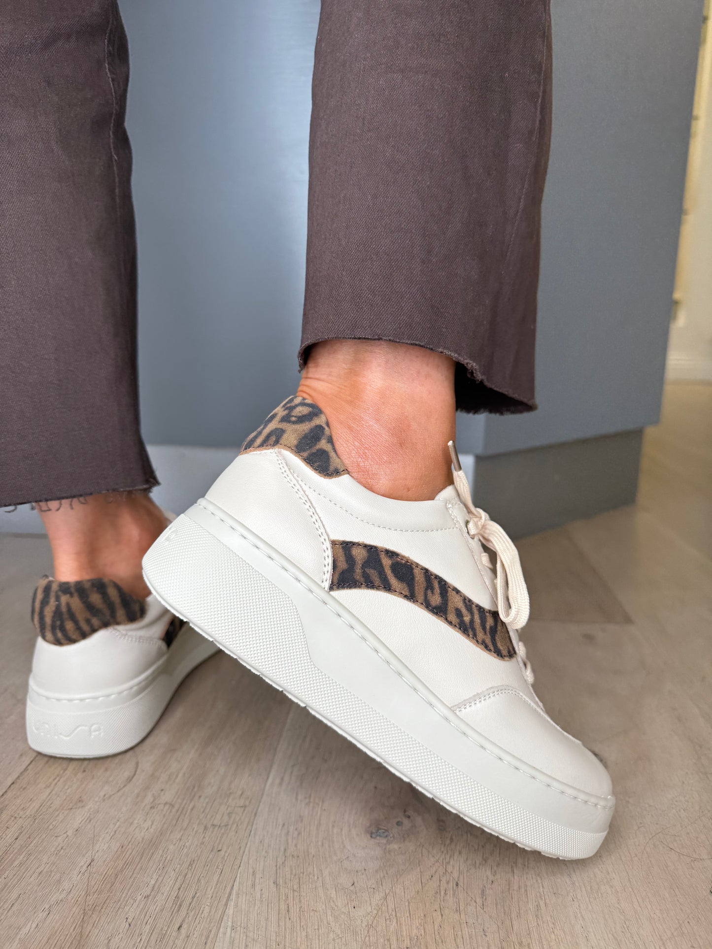 Unisa - Soft Cream Leather Trainer With Leopard Print Trim