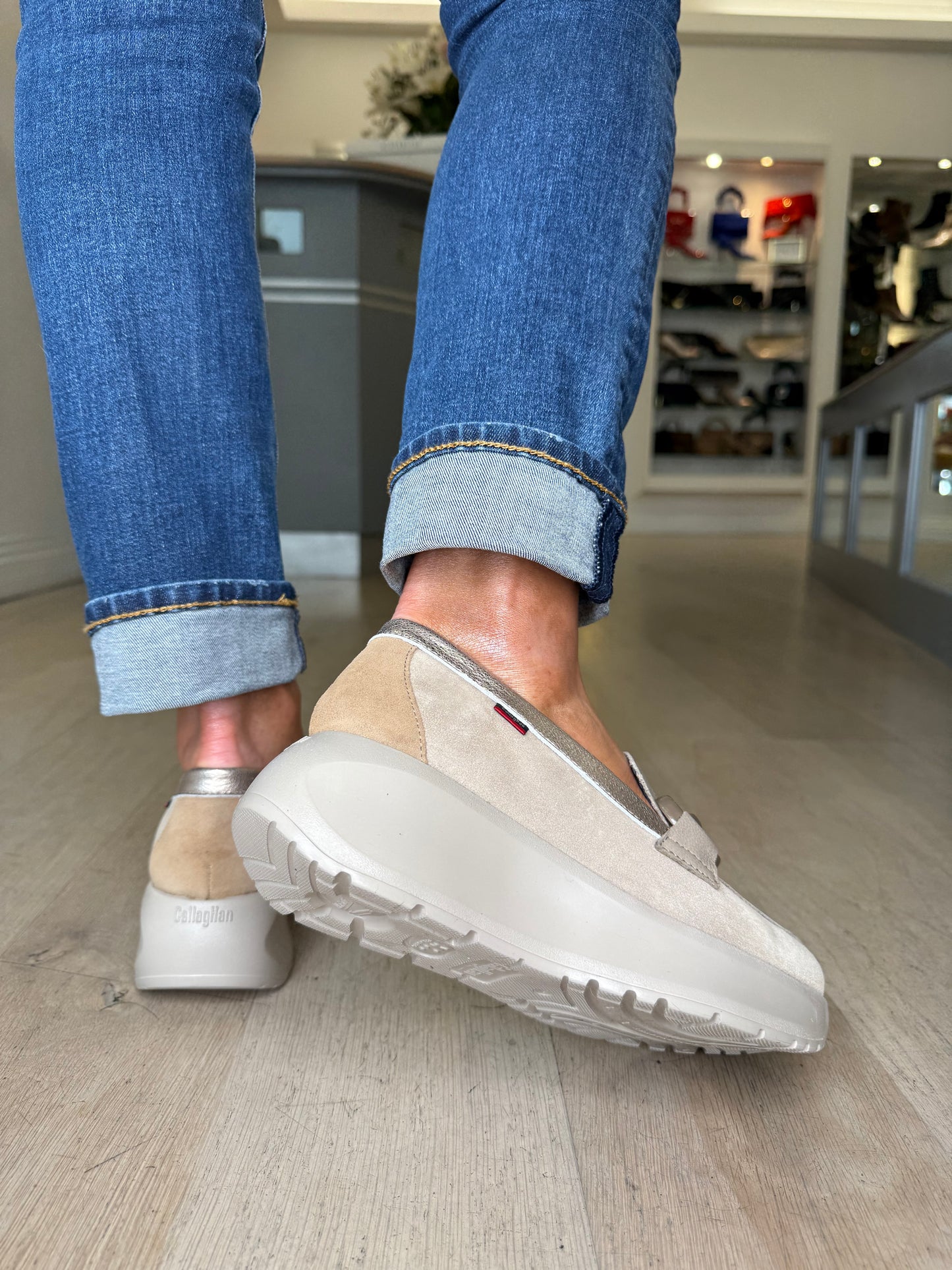 Callaghan - Stone Suede Leather Mix With Soft Bronze Trim Slip On Chunky Sole Shoe