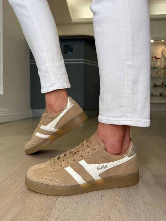 Gola - Viper Light Caramel Suede Trainer With White Leather & Gold Trim